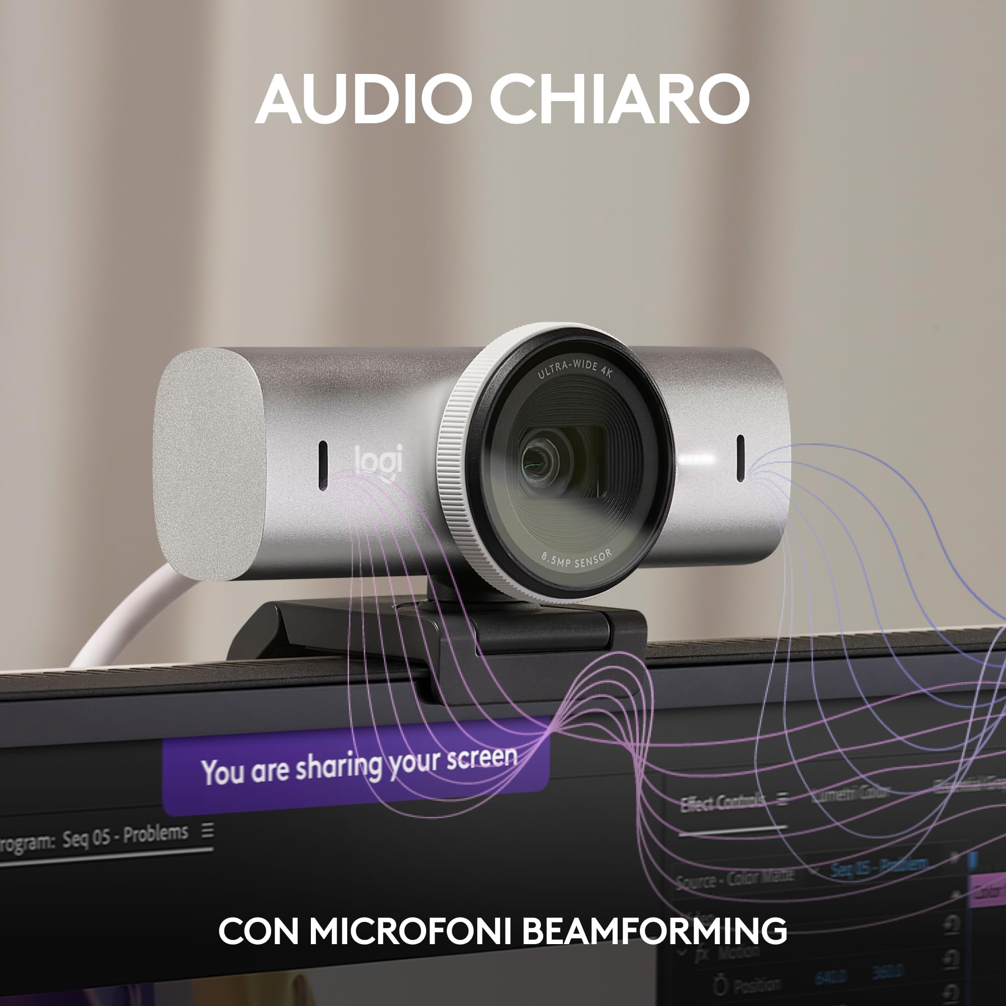 Logitech MX Brio per collaborazione, streaming Ultra HD 4K, 1080p a 60FPS, due microfoni con riduzione del rumore, Show Mode, USB-C, copertura webcam, Microsoft Teams, Zoom, Google Meet, Grigio chiaro