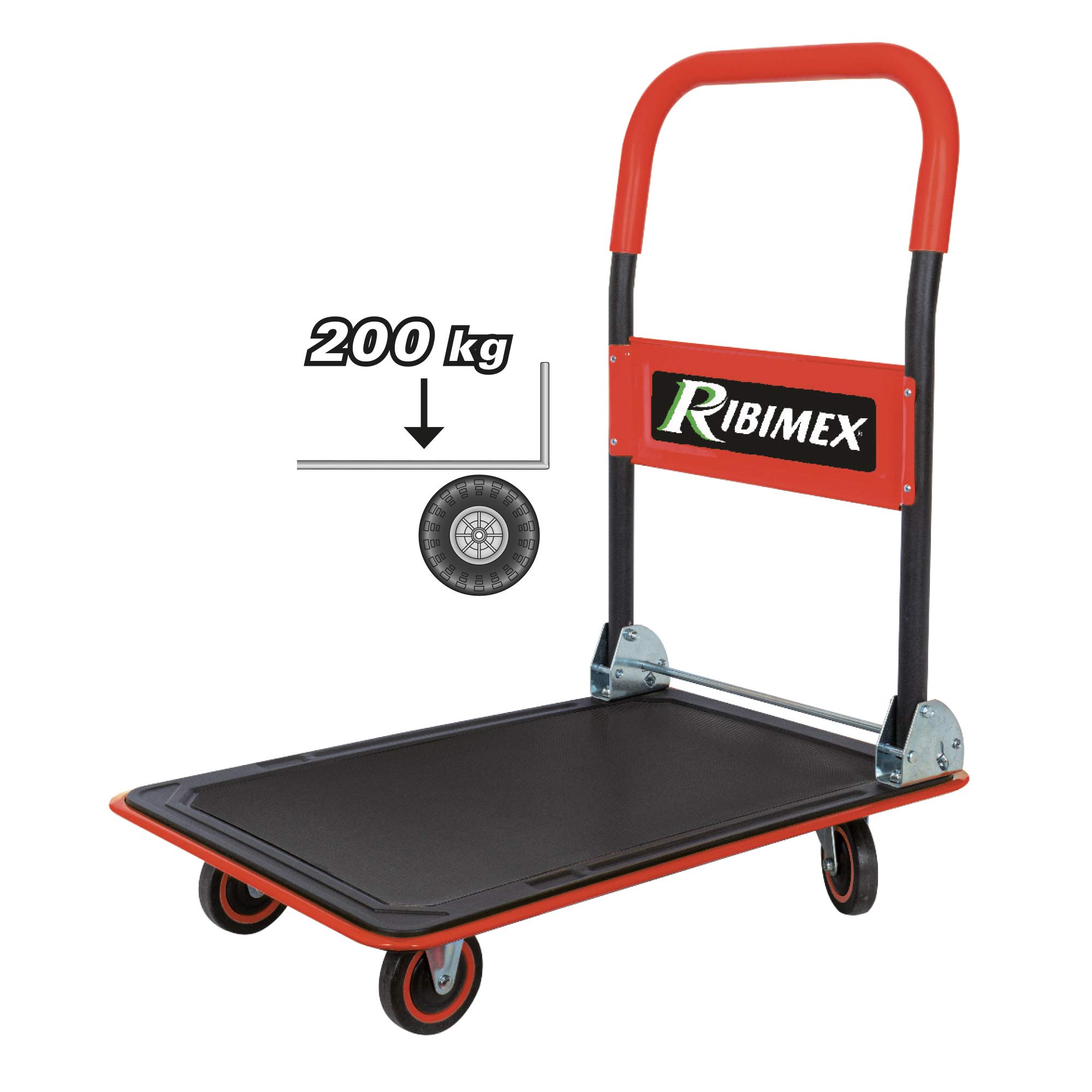 Ribimex Carrello Pieghevole da Trasporto Serie Pro, Capacità Massima 200 kg, 4 Ruote Piene in PVC con Rotazione Completa, Superficie in Lamiera d'Acciaio e Manico Ripiegabile - PRCDT150