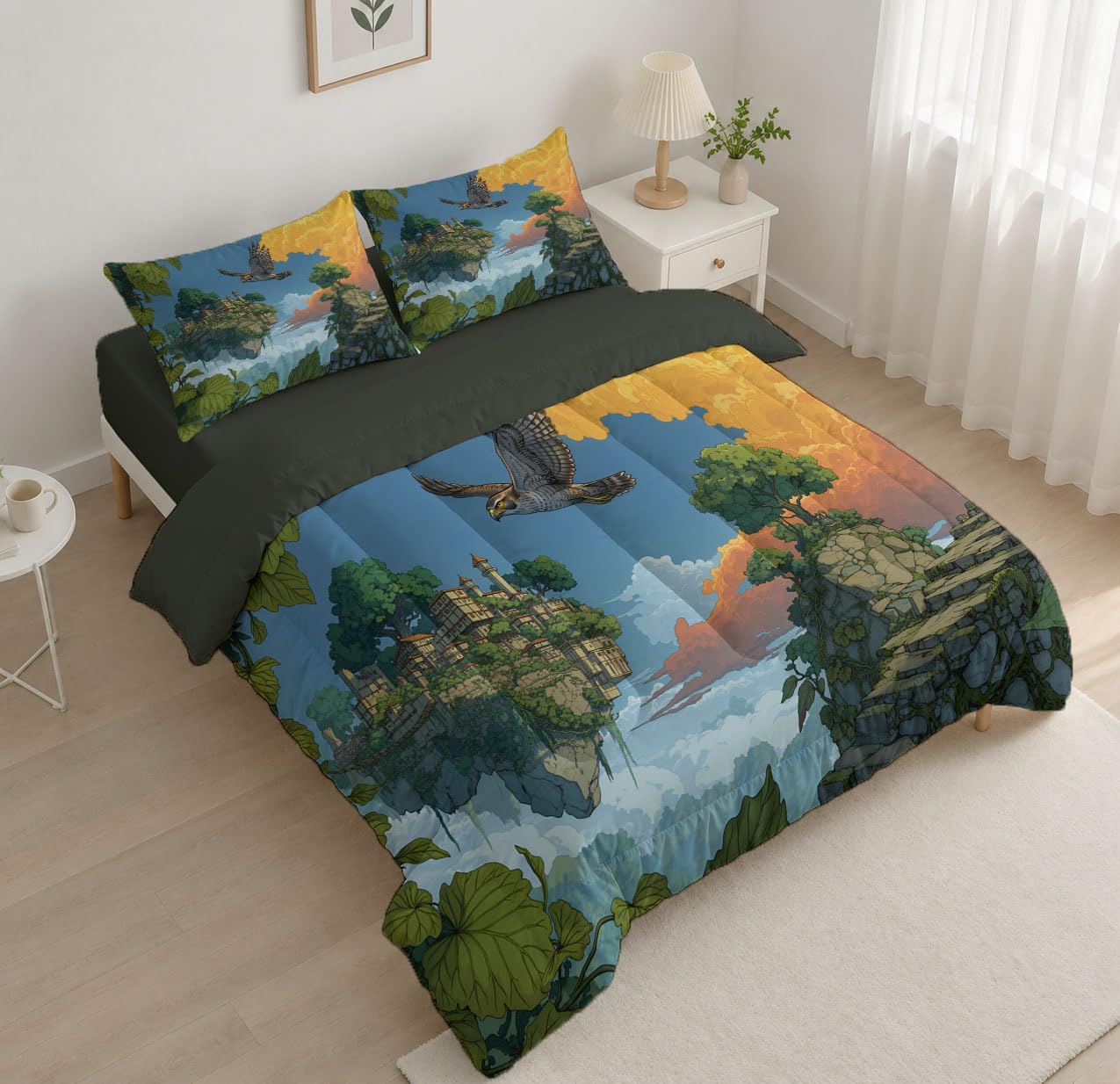 Anime Style Comforter Set King Size, Bird Castle Print Breathable Bedding Set for Girls Boys Teens, Green Quilt Duvet with 2 Pillow Cases