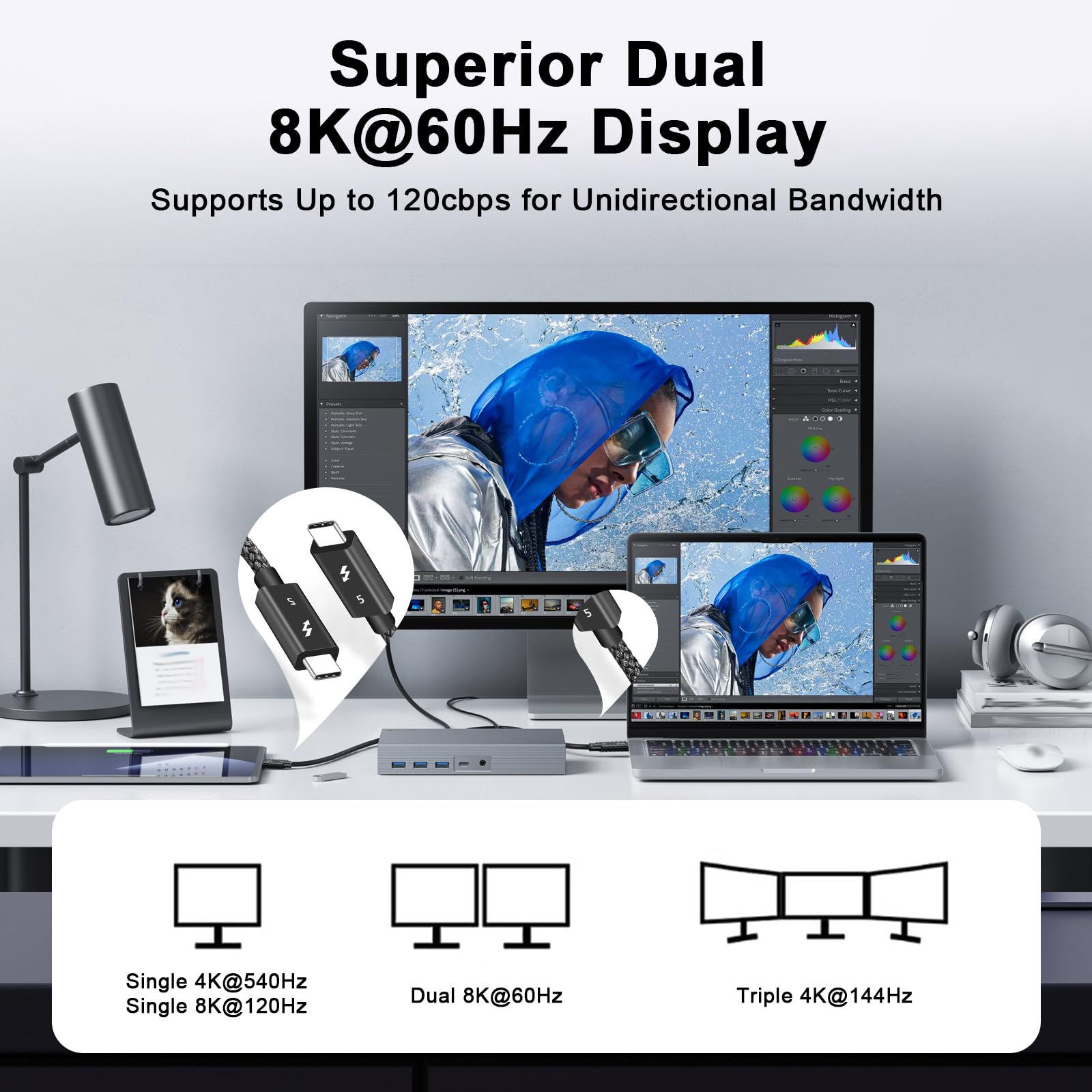 RUIZHI Thunderbolt 5 Kabel, USB4 V2.0 mit 80 Gbit/s Datentransfer, PD 3.1 Schnellladung bis 240 W, 4K/8K Auflösung, kompatibel mit Thunderbolt 4 und 3, geeignet für MacBook, Pad, Phone,Geflecht 2.0m