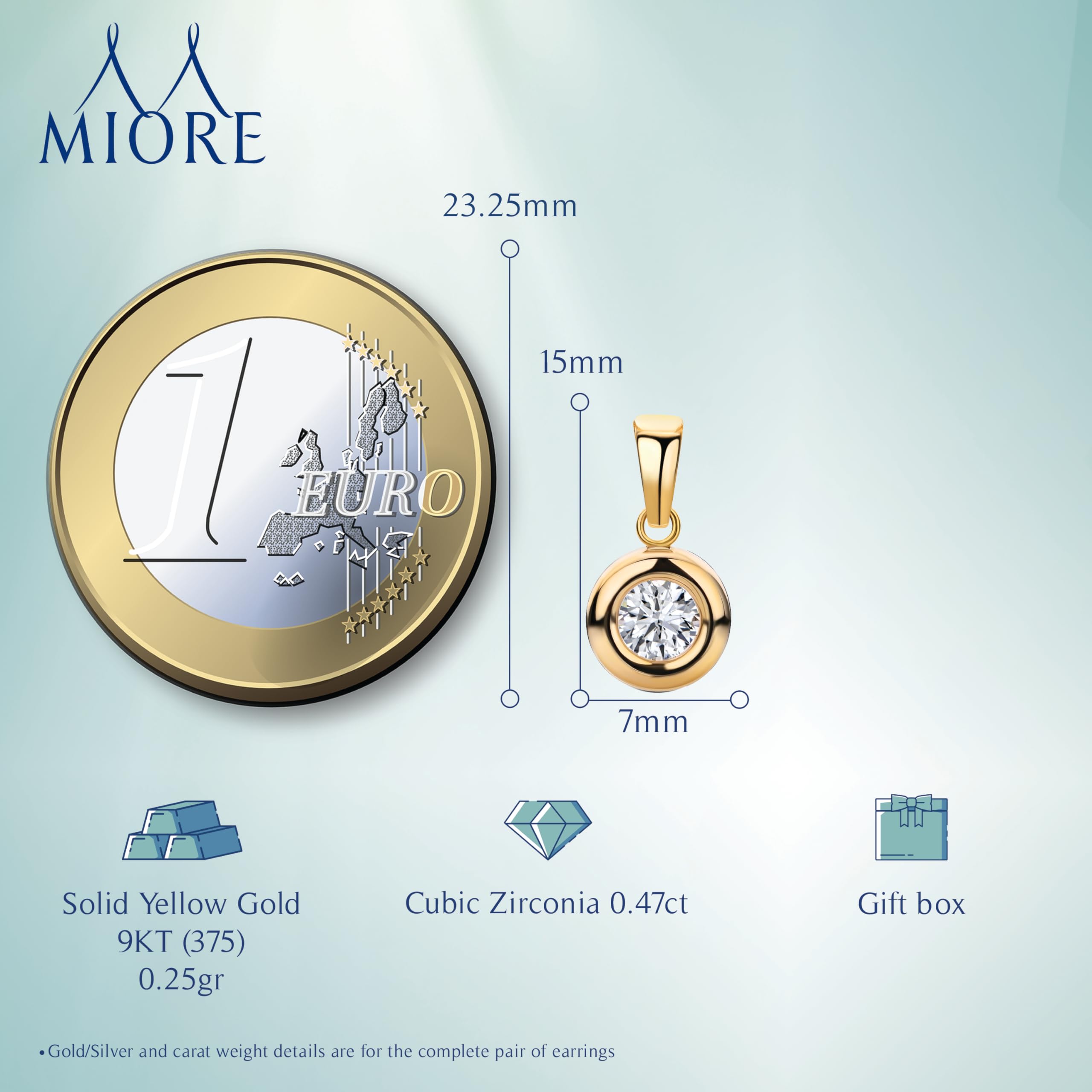 MIORE - Ciondolo Collana Punto Luce Donna in Oro Giallo con Zircone, Vero Oro 9KT 375, Pendente con Zircone con Catena Cm. 45 Oro 9KT, Argento 925 Placcata Oro 18Kt o senza Catena.