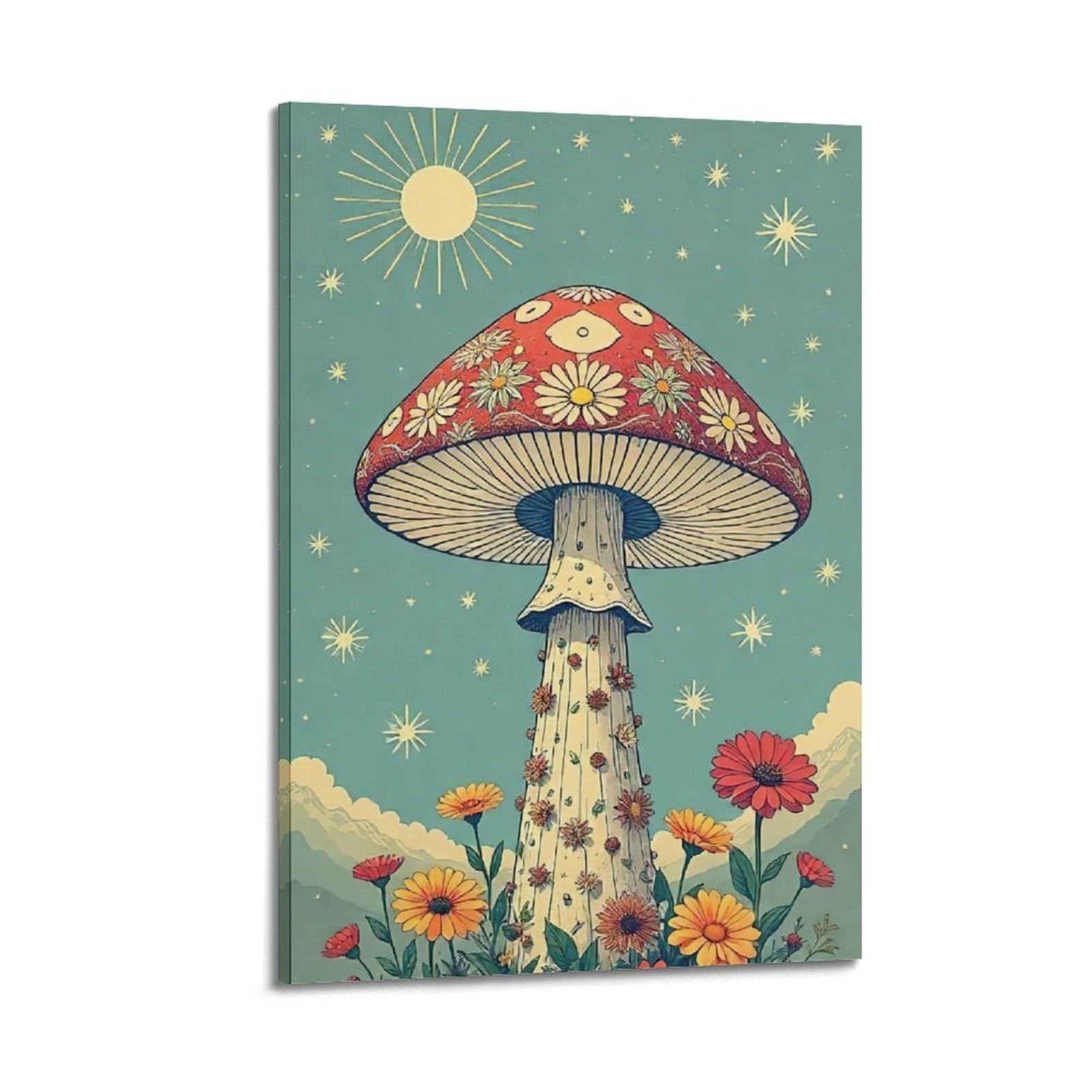 CZHXYZ Poster su tela da parete per camera da letto e soggiorno, decorazione vintage a forma di fungo gigante con decorazione floreale e sole, 50 x 75 cm, con cornice