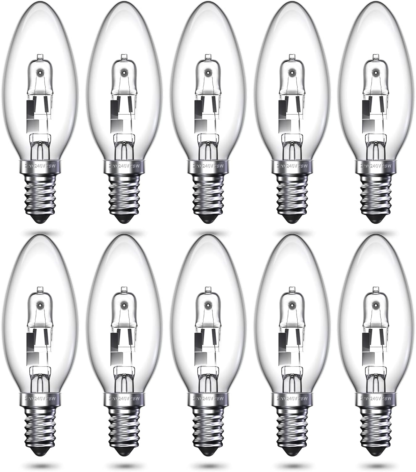 Luxvista 10-Pack 28W E14 Halogen Candle Light Bulbs, C35 SES Small Edison Screw Bulb E14 dimmable, Clear Glass E14 Candle Bulb Warm White 2700K for Chandelier, Wall Sconces, Pendants