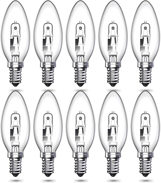 Luxvista 10-Pack 28W E14 Halogen Candle Light Bulbs, C35 SES Small Edison Screw Bulb E14 dimmable, Clear Glass E14 Candle Bulb Warm White 2700K for Chandelier, Wall Sconces, Pendants