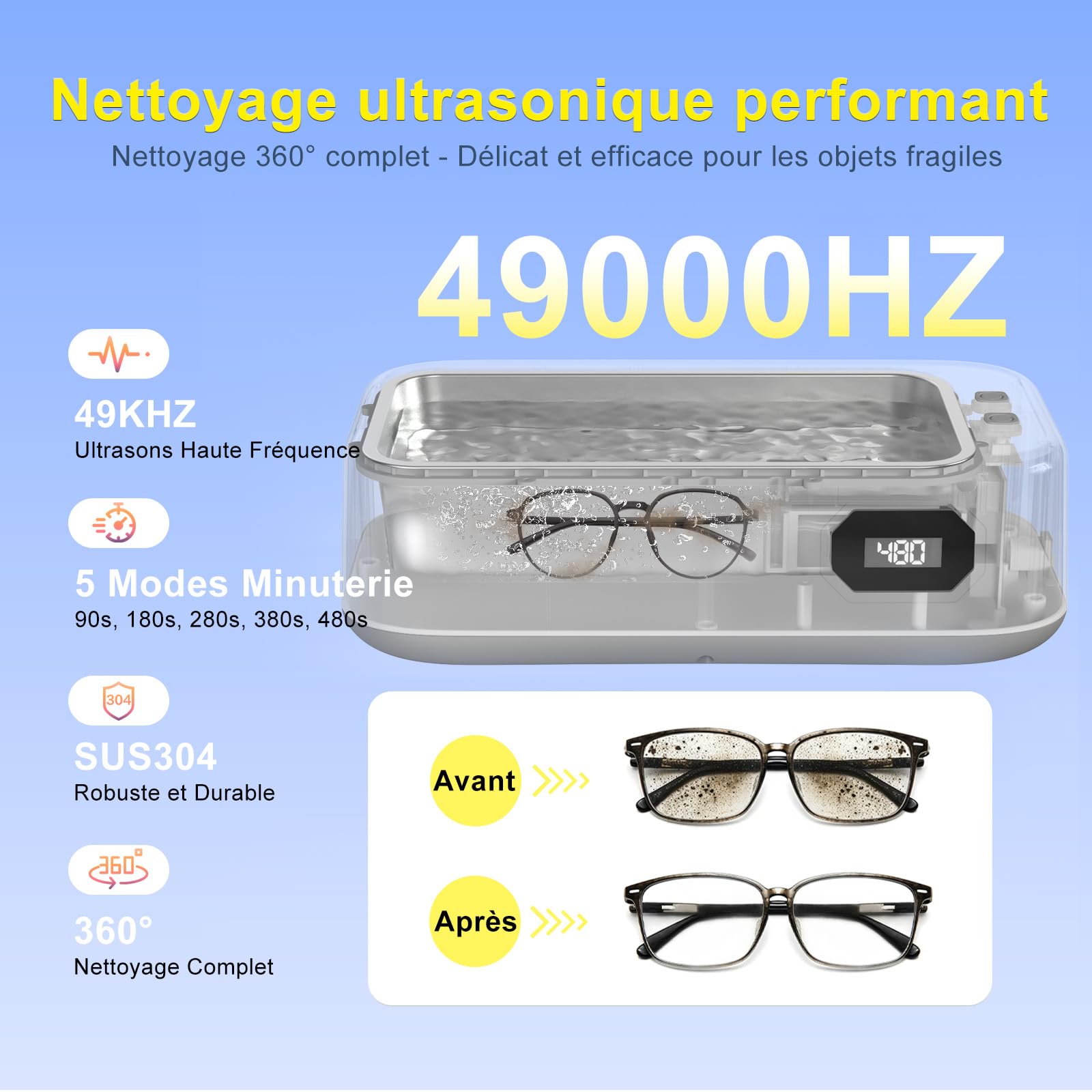 Nettoyeur Ultrasons, 640ml Bac a Ultrason, 49000Hz ultrasonic cleaner avec Écran Numérique, 5 Modes de Nettoyeur Ultrason Bijoux pour Lunettes, Dentiers, Montres, Collier, Monnaie (Bleu) (White)