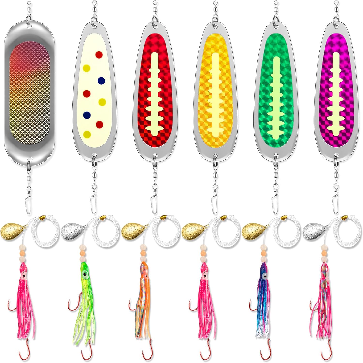 6 Set Squid Fishing Hoochies-Glow Fresh Water Kokanee Salmon Trolling Lures with Pre-Rigged Octopus Hooks-Synthetic Skirts Kokanee Hoochies Versatile Design for Salmon Fishing