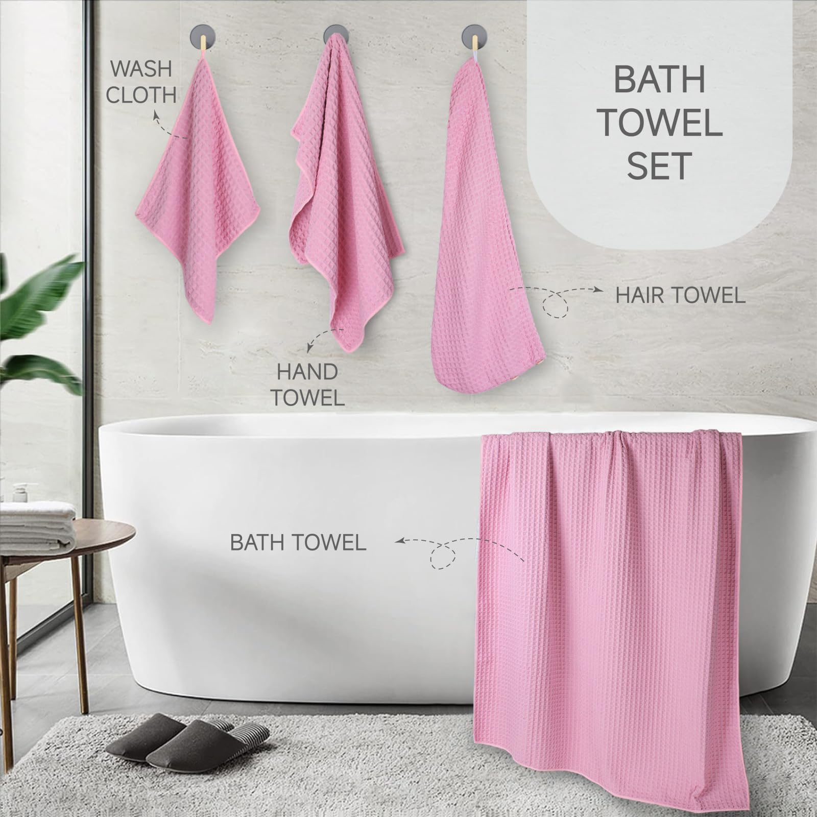 Oversize Bathroom Set- 35x70 Inches, 4-Piece Pink Bath Towels Set (1 Bath Towel, 1 Hair Towel, 1 Hand Towel, 1 Washcloth),Waffle Bathroom Towels Set Super Soft and Absorbent Microfiber Shower Towels