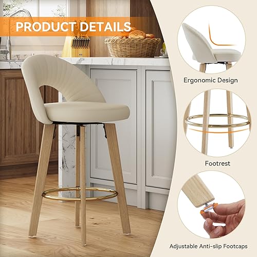 Miniatura 3 de Juego de 2 taburetes de bar giratorios de altura de mostrador con patas de madera curvada, reposapiés de metal, modernos de mediados de siglo