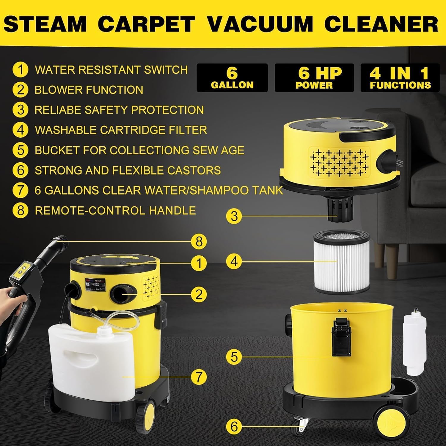 Wet Dry Vacuum Cleaner, 4-in-1 5.5 Peak HP Upholstery Shampoo Vacuum Cleaner w/Soap Tank, Filters, Hose and Attachments, 17 KPA Max Suction Carpet Cleaner Machine for Home, Floor, Car, 6 Gallon