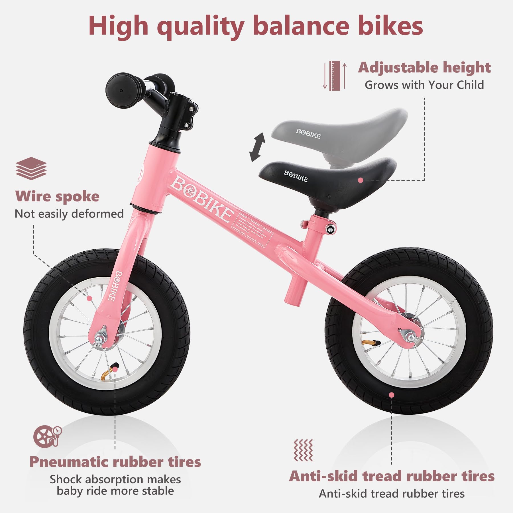 Bobike Toddler Balance Bike with Inflatable Rubber Tires, Kids Push Balance Bike Toys for 18 Month to 4 Year Old Boys Grils Adjustable Seat and Handlebar No-Pedal Training Bike Best Gifts(Pink)