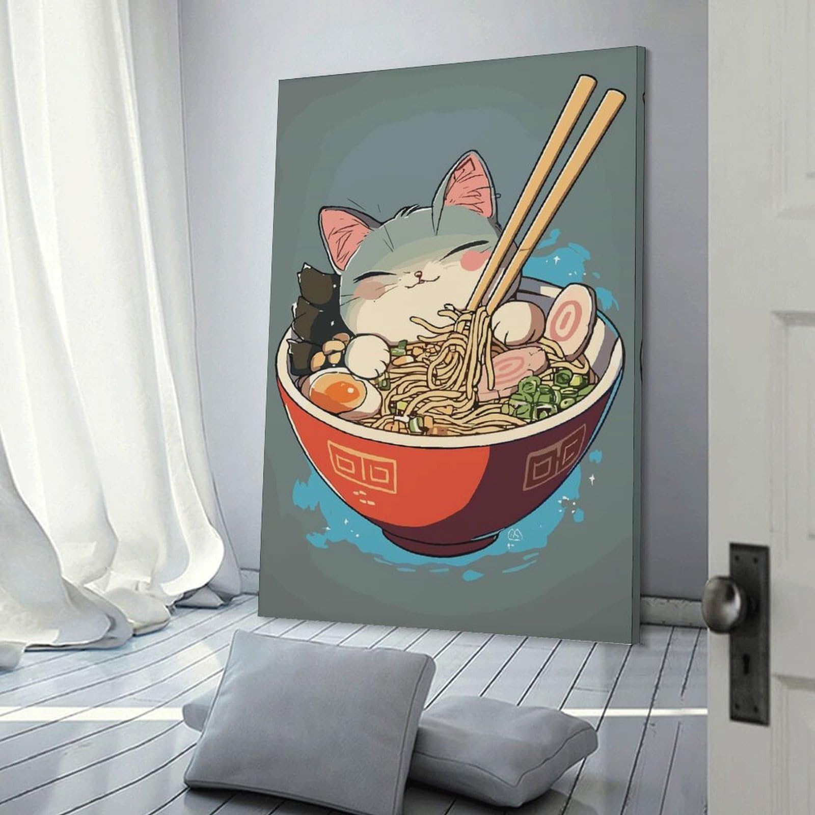 Junmoney Anime Ramen Bowl Cat Canvas Wall Picture 20x30inch(50x75cm), for Picture Wall Styling in Lounge Or Bedroom, Decorative Artwork with Flexible Styling