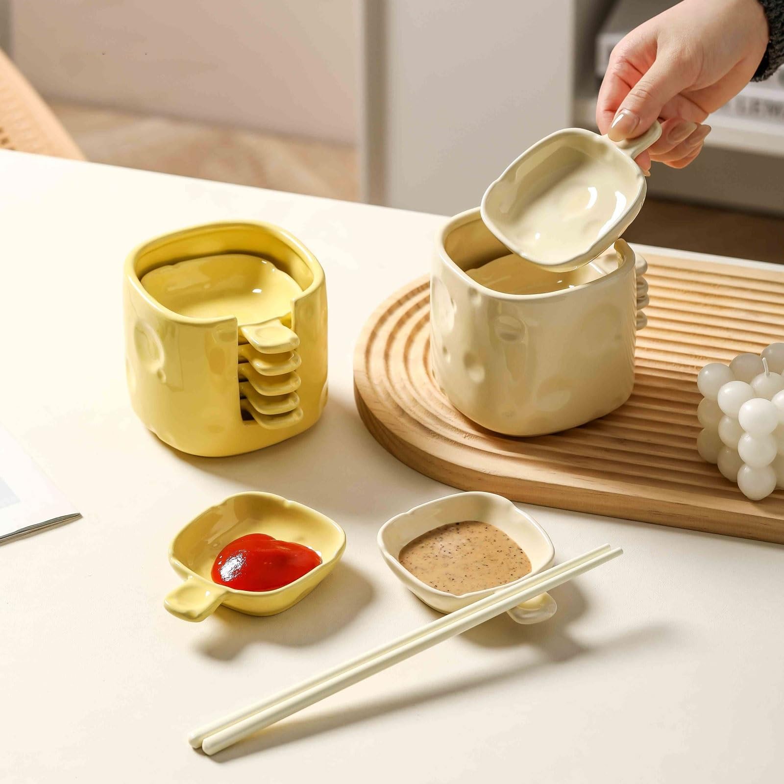 Ciotoline da Snack Set di piattini da immersione di alto valore con piatto for salsa con manico Piatto piccolo in ceramica carino for la casa con secchio for la conservazione Piatti Snack Ceramica(Col