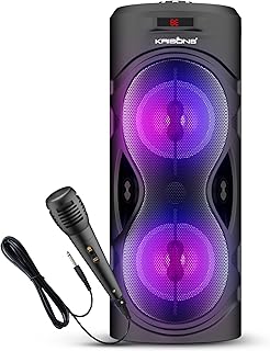 KRISONS Cylender 4” Double Woofer 30W Multi-Media Bluetooth Party Speaker with Wired Mic for Karaoke, RGB Lights, USB, SD ...
