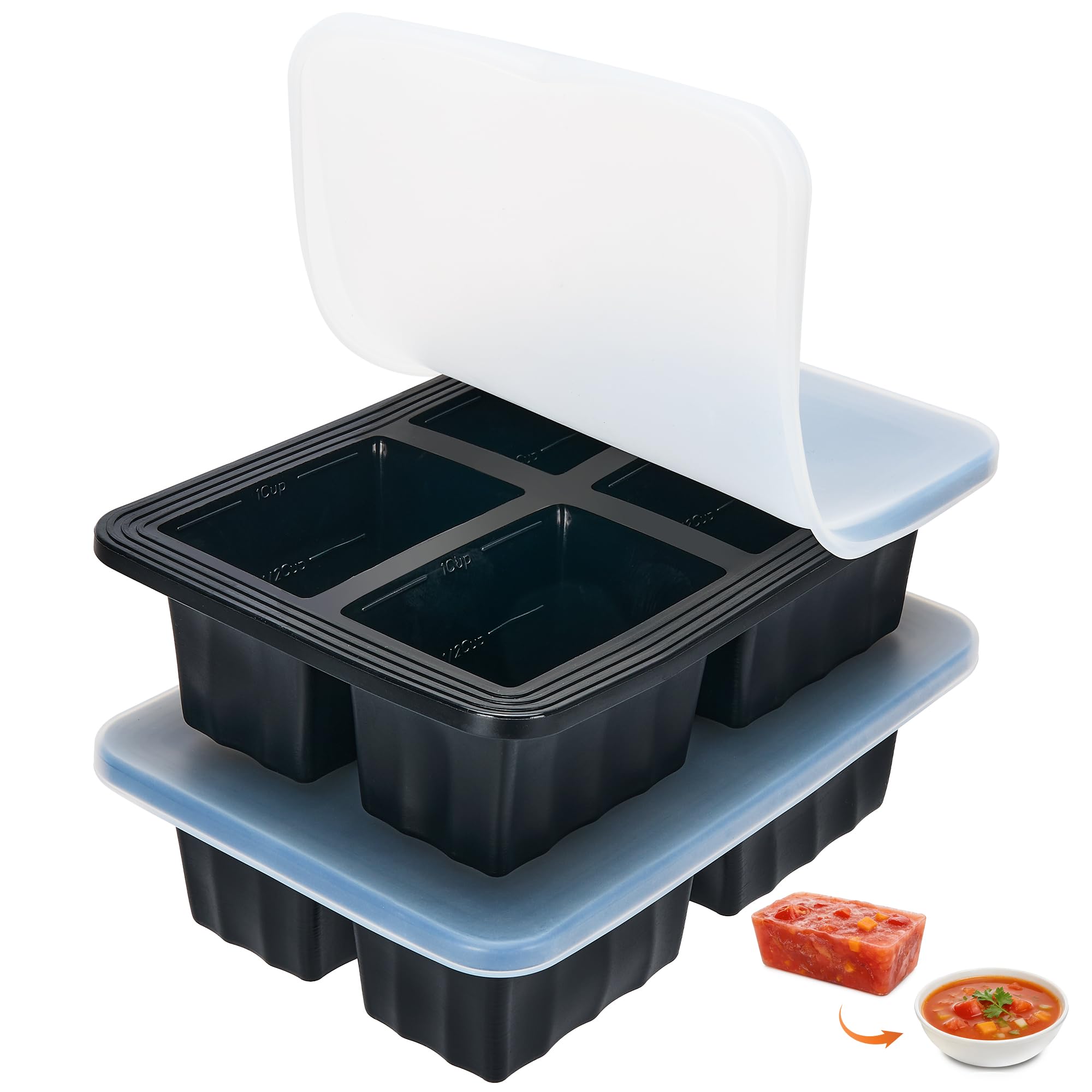 2 Pack Extra Large Soup Containers for Freezing, Silicone Cube Soup Freezer Mould with Lid, Meal Prep Soup Storage Containers, Large Ice Cube Tray for Sauce, 4-Compartment Freezer Container,Black
