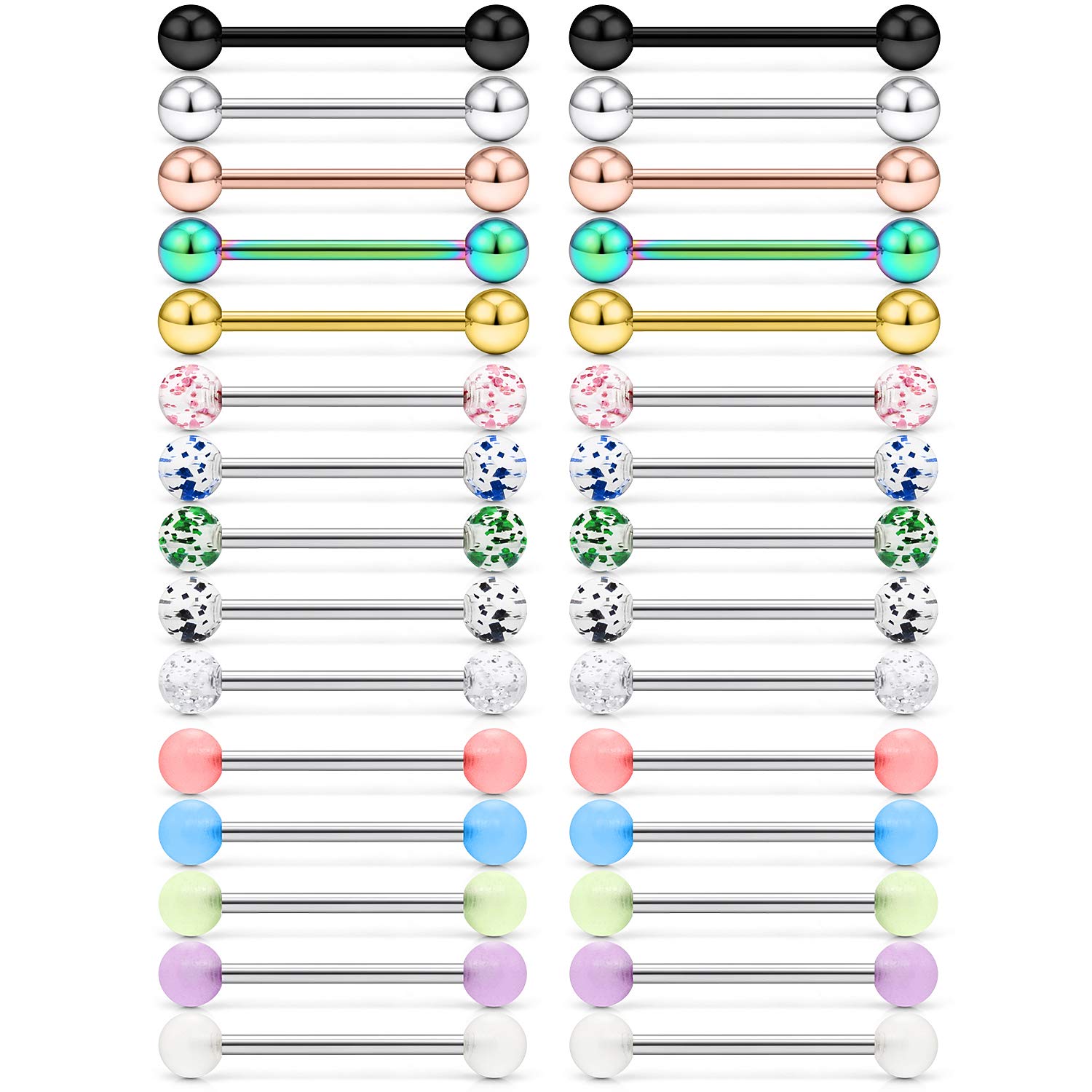 SCERRING 15 Pairs 16G 14G Stainless Steel Tongue Barbell Ring Nippleings Nipple Rings Shinny Acrylic Glow in Dark Balls Body Piercing Jewelry Retainer