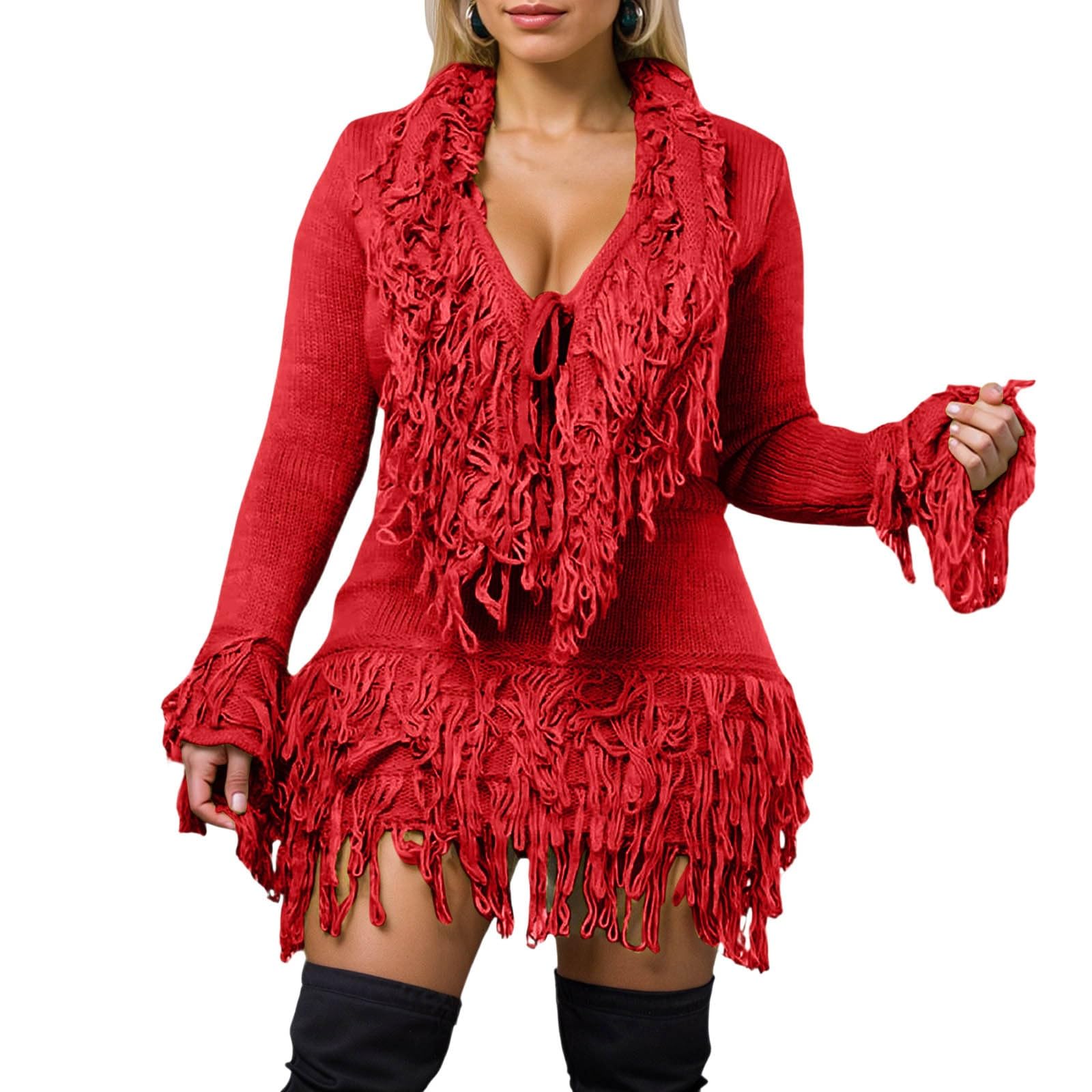 Traje de Falda Femenino Elegante con y Flecos de Punto para Temporada Otoño Invierno
