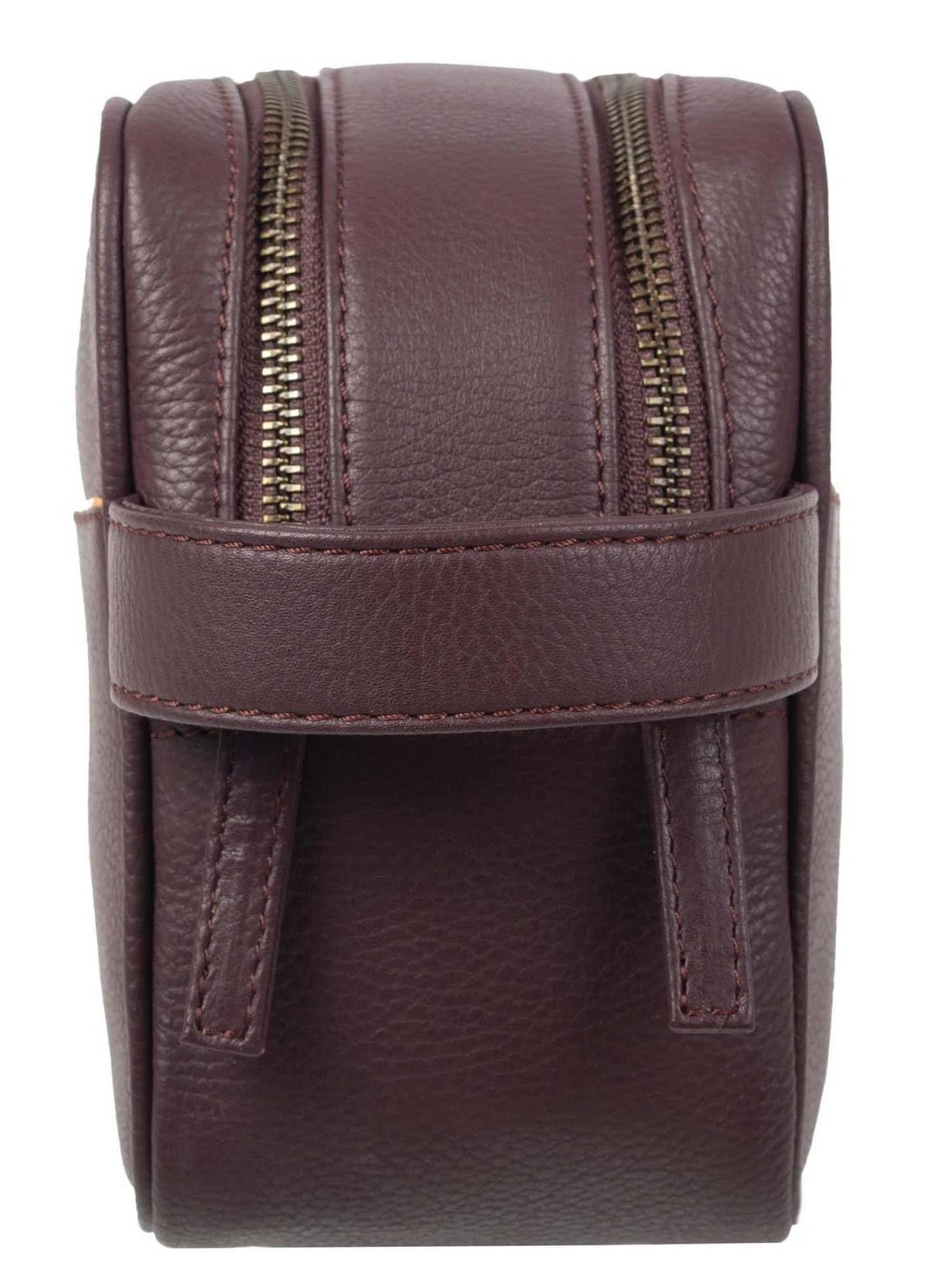 Bolsa de lavado de piel granulada con dos cremalleras para hombre, Burdeos/marrón claro, Talla única