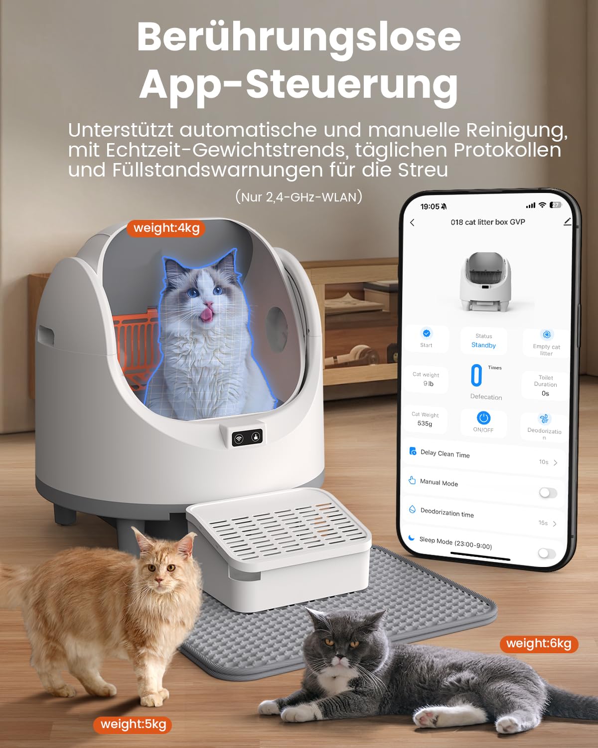 Offenes, Katzenklo Selbstreinigend für große Katzen (10 kg), XL Automatische Katzentoilette, 2 Rollen Müllbeutel, Geruchskontrolle, 10 Sicherheitssensoren, leise Roboter-Toilette für Katzenklo