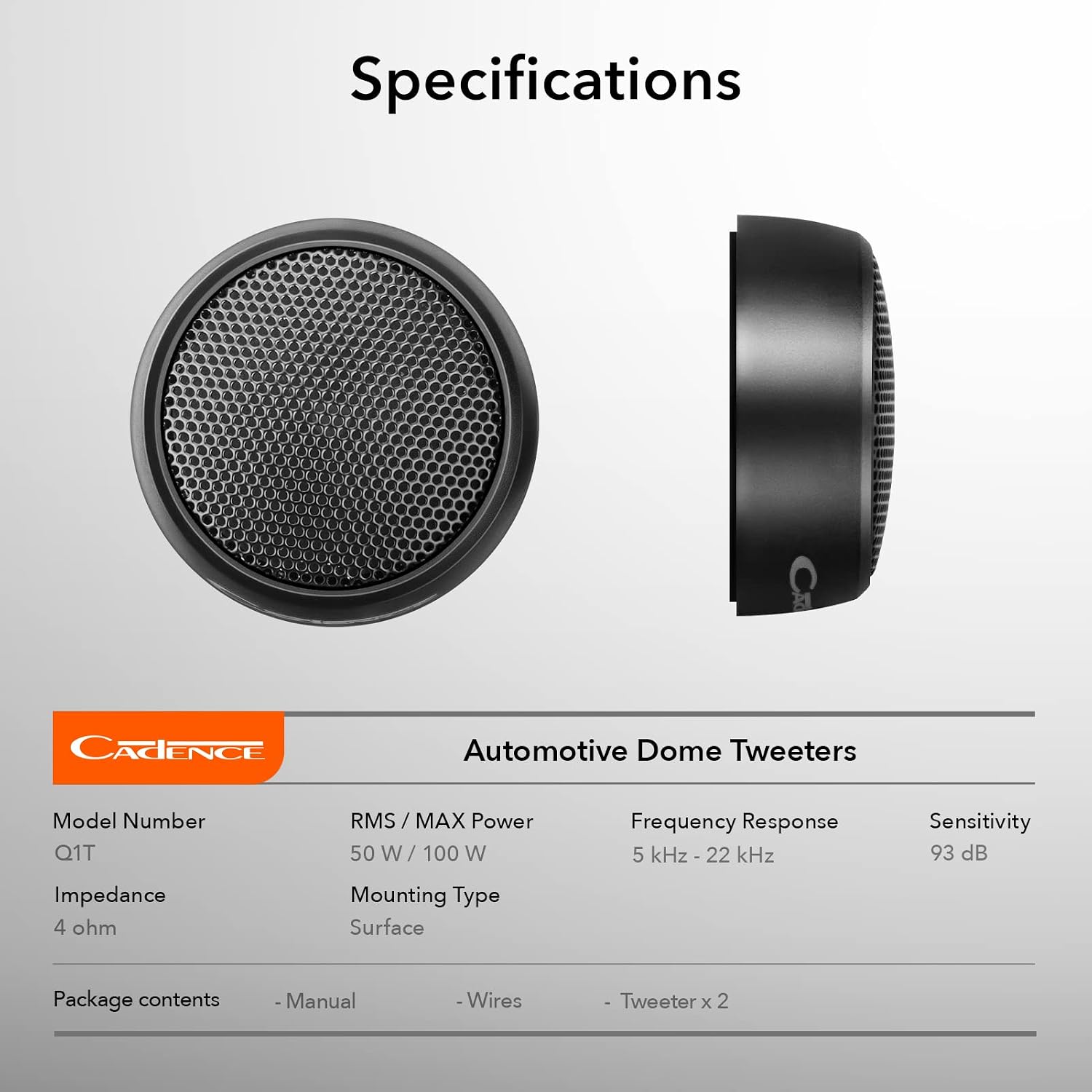 Table of specifications for Cadence Q1T tweeters