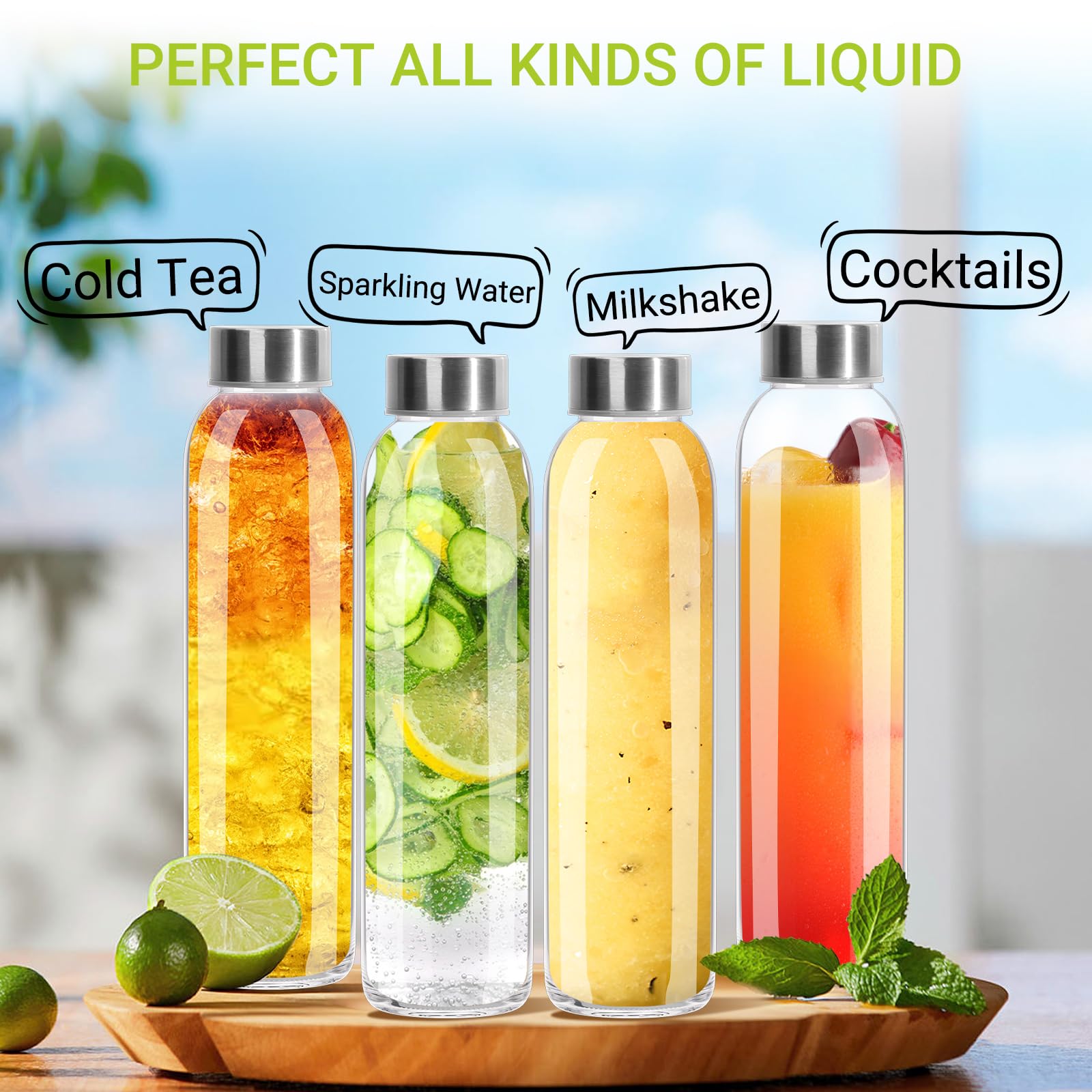 Botellas de agua de vidrio de 500 ml con tapas de metal, paquete de 6 botellas de jugo transparentes vacías con cepillo de limpieza para agua, kombucha, vino, elaboración de cerveza, batidos,