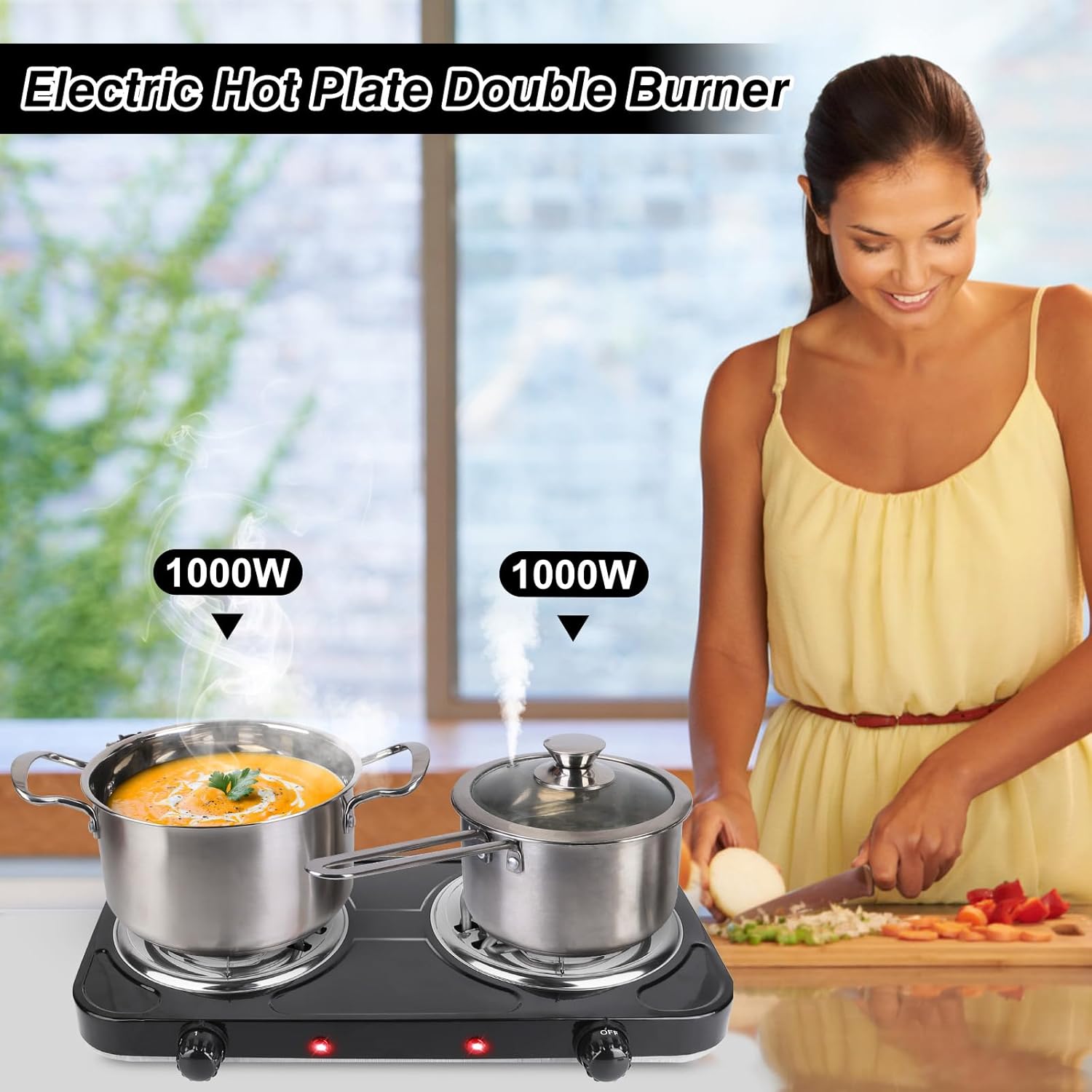 2000W Double Burner Electric, Portable Hot Plate for Cooking, Cooking Stove with 5 Temperature Adjustments, Countertop Burner Cooktop for Kitchen, Dorm (Black)