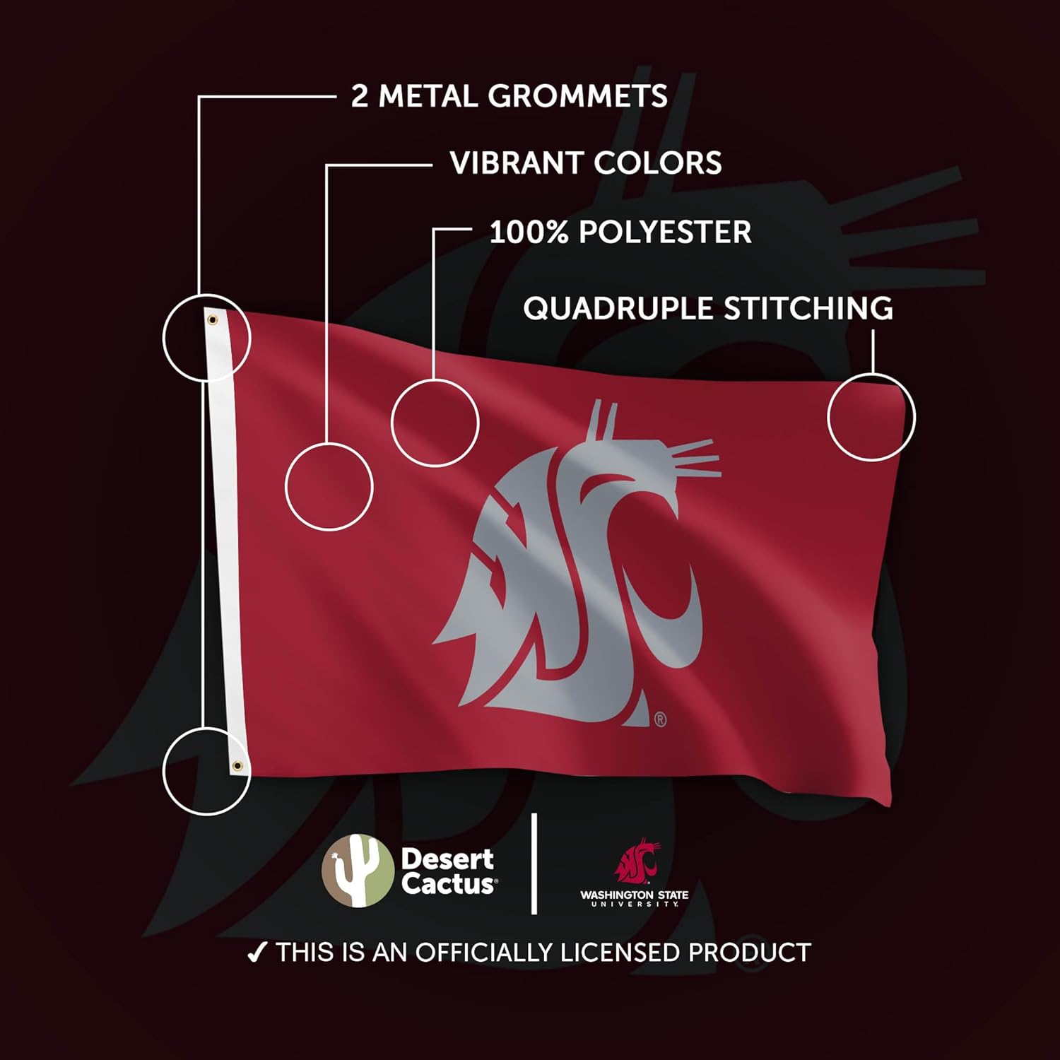 Desert Cactus Washington State University WSU Flag - 3 x 5 Feet Cougars Banner, Indoor/Outdoor Durable Fabric, 100% Polyester Design (Style 1) - Image 4