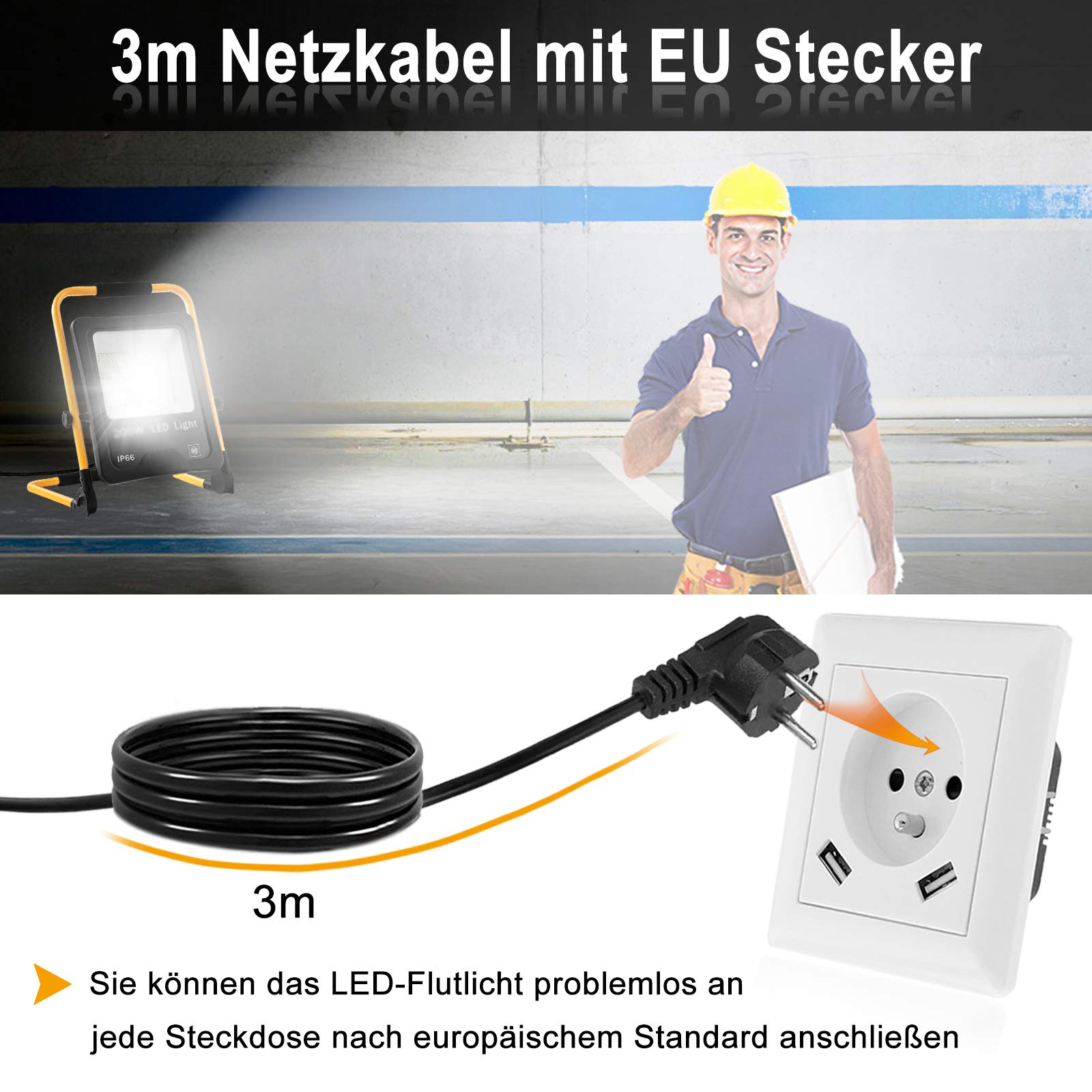 Aufun Foco LED portátil de 200 W con enchufe, con cable de alimentación de 3 m, lámpara de construcción con brazo plegable, foco ajustable, IP66 resistente al agua para obras, talleres, blanco frío