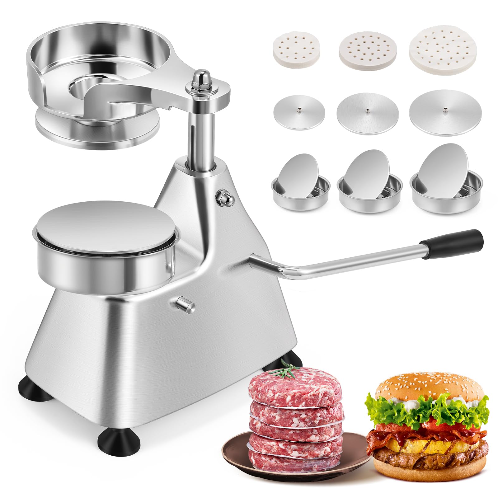 Moongiantgo 3-in-1 Máquina de Prensa de Hamburguesas de Acero Inoxidable | Prensa de Hamburguesa Comercial con 3 Bandejas Desmontables de Tamaño 4/5/6" & 1500 Papeles para Hamburguesas (10/13/15CM)