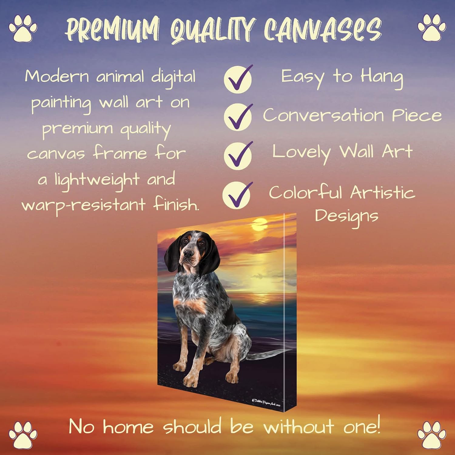 Sunset with Bluetick Coonhound Dogs Canvas Wall Art - Premium Quality Ready to Hang Room Decor - Black Floating Framed 16" x 16"