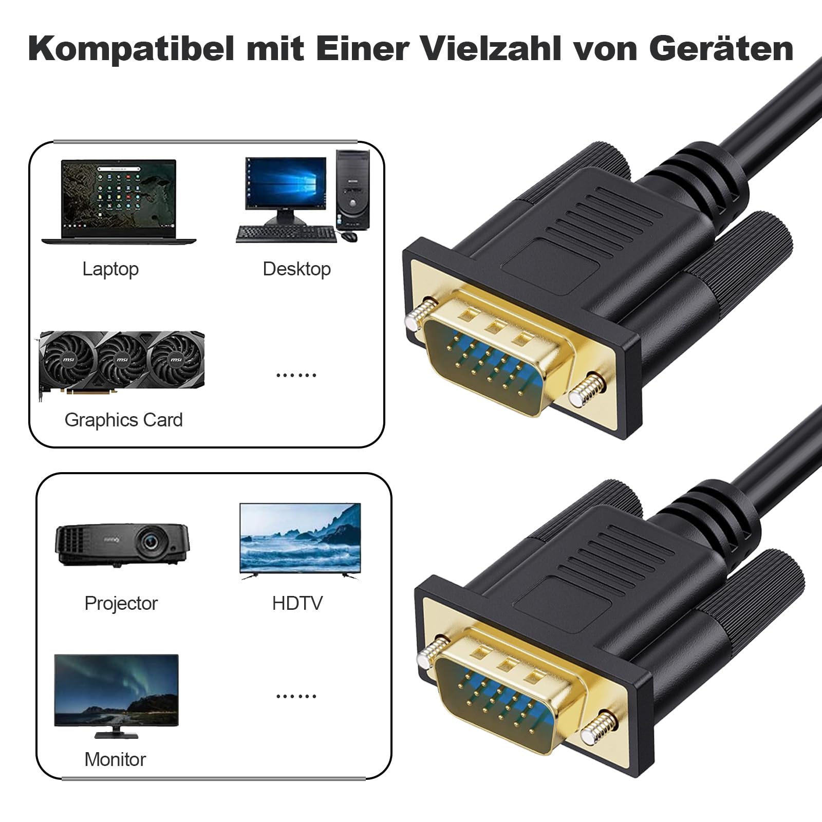 Omivine Vga Cavo 1.8M - VGA a VGA Monitor Cavo 1080P Full HD PC Cavo per computer, schermo, proiettore, D-Sub Nero, Maschio a Maschio
