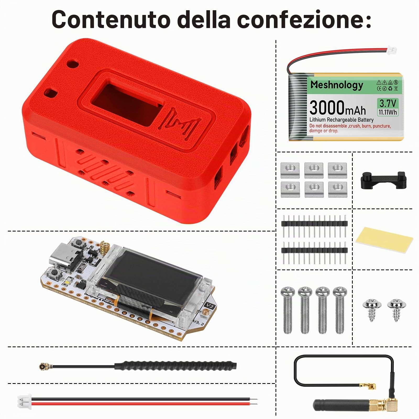 1 set di scheda modulo ESP32 Lora V3 con antenna da 915 MHz + batteria da 3000 mAh + custodia protettiva - WiFi Bluetooth SX1262 CP2102 0,96 pollici OLED tipo C per Arduino Lora Meshtastic IOT (N35