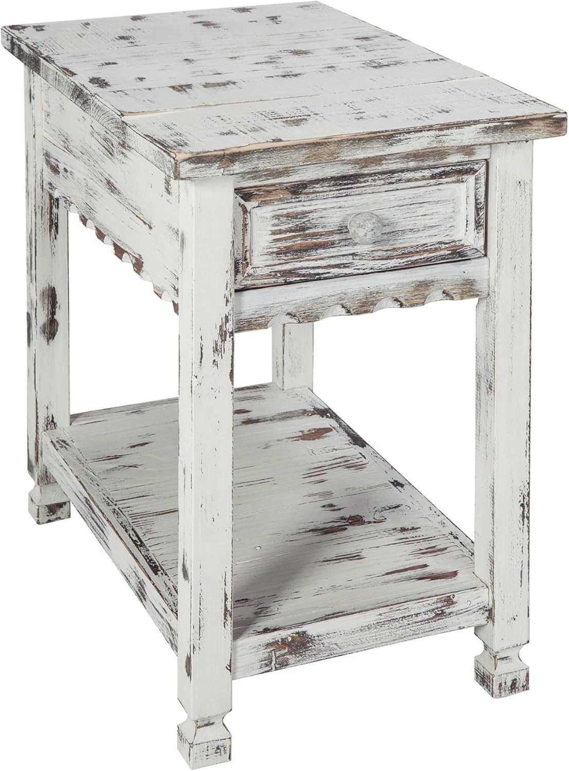 Alaterre Furniture Country Cottage Chairside End Table – Narrow Rustic Farmhouse Side Table with Drawer & Lower Shelf for Living Room or Bedroom (Distressed Antique White)