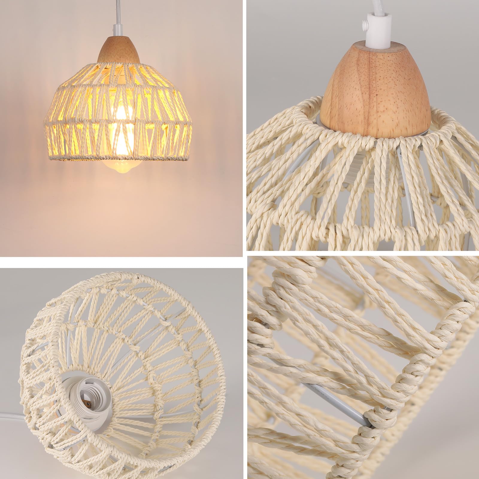 iDEGU Vintage Pendelleuchte 3-flammig Kronleuchter aus Holz Rattan Lampenschirm 20cm E27 Hängeleuchte Dekoration Retro Hängelampe für Esszimmer, Schlafzimmer, Wohnzimmer, Küche (Cremeweiß, Balken)