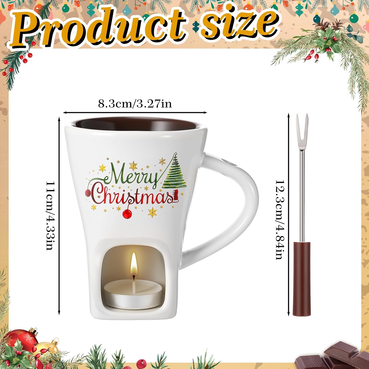 Honeydak Christmas Chocolate Fondue Mug with Fork and 3 Candle Sweet Ceramic Personal Chocolate Melting Cup Ideal Xmas Gifts Birthday Date Night Birthday Wedding Gifts(White,Modern)