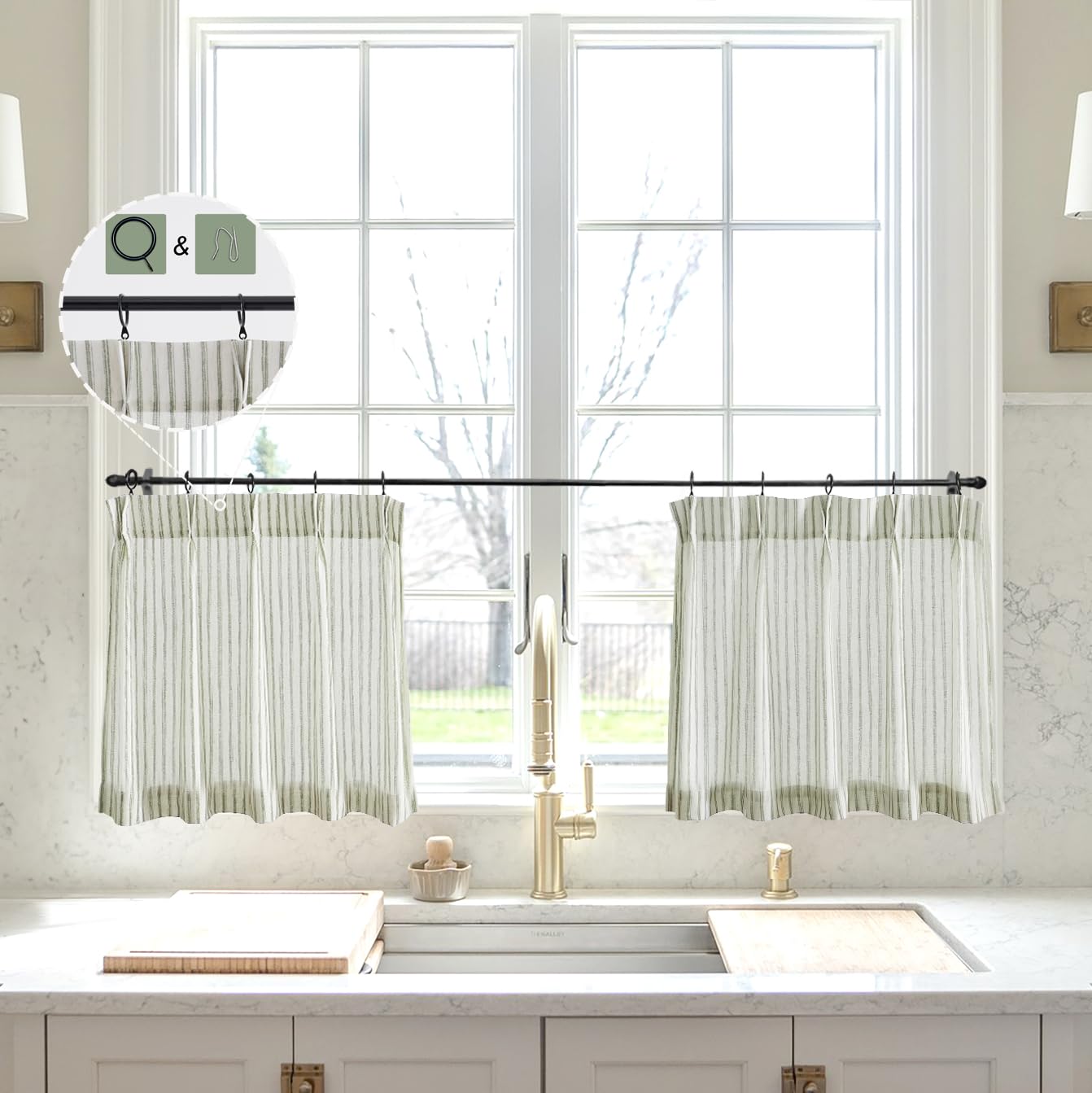 Sage Linen Kitchen Curtains 18 inch Length Pinch Pleat Cafe Curtains