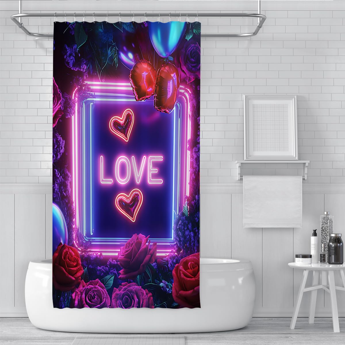 Pop Art Romantische Szene Duschvorhang Liebesherzen Rosenstrauß Lebendige Farben Badevorhang Wasserdichter Polyesterstoff Duschvorhänge 180 x 200 cm