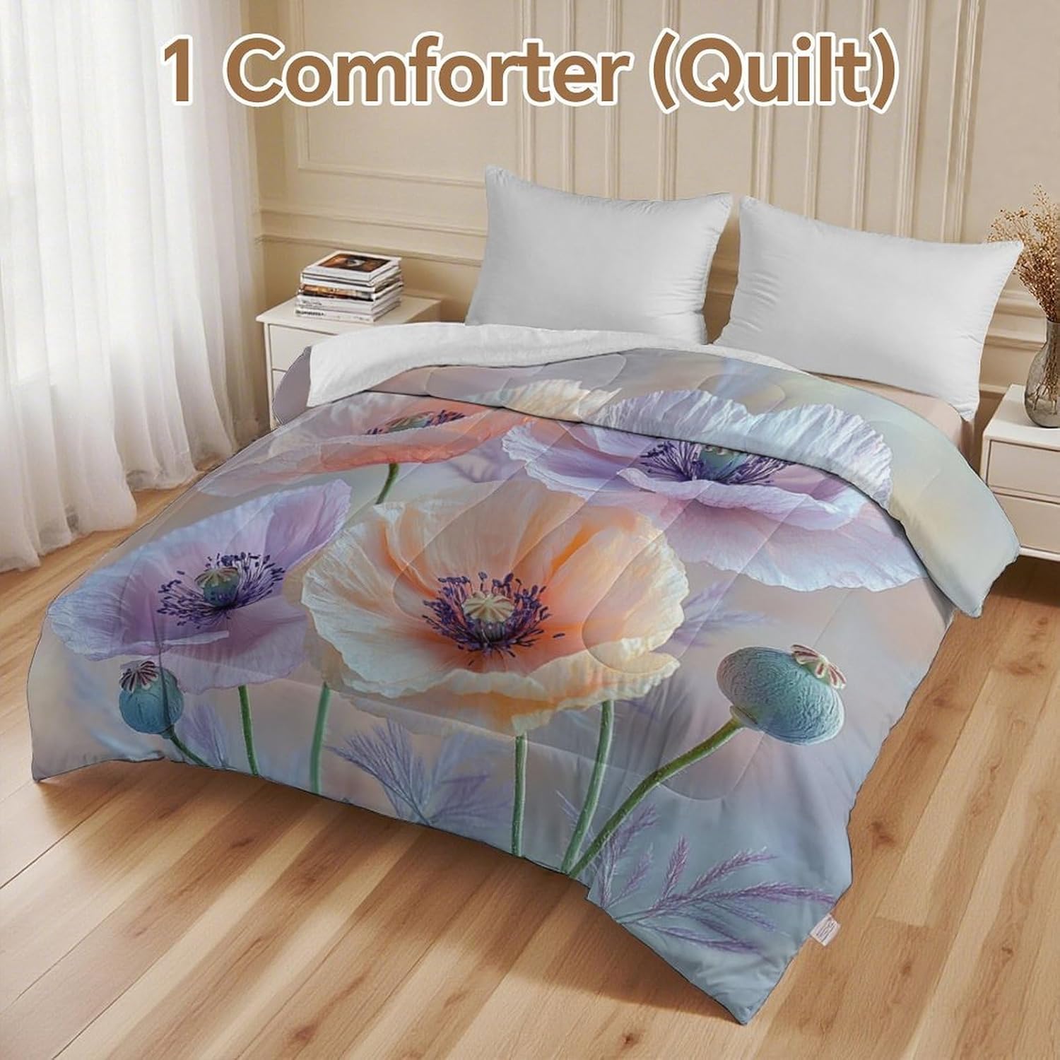 Pastel Poppies Comforter Bedding Heavy Bed Blanket Soft Warm Fluffy All Seasons Only Quilt 155x220cm