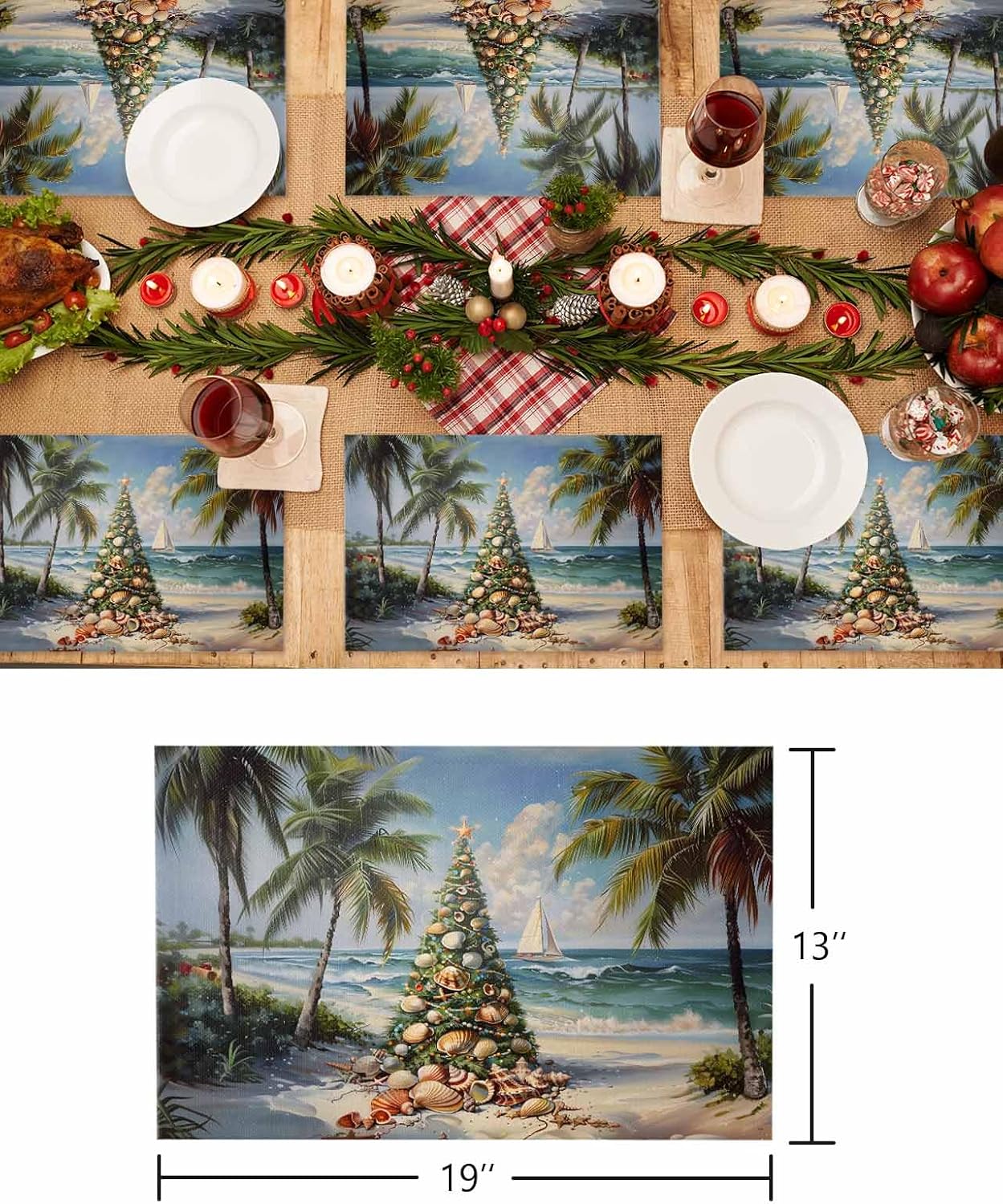 Christmas Placemats Set of 6, Seashell Xmas Tree Place Mats Beach Palm Tree Boat Cloud Tablemats Xmas Placemat Table Decoration for Kitchen Table Seasonal Holiday Dinner Party Christmas Decor