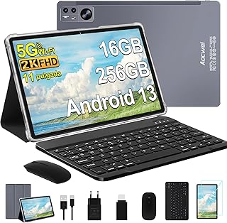 fezawio Android 13 Tablet, 11 Inches, 16 + 256 GB, Bluetooth 5.0, 2.4/5G WiFi, Mouse + Keyboard + Leather Case, Grey