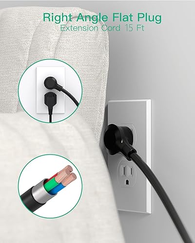 Miniatura 4 de Cable de extensión de 15 pies  8 salidas con protector de sobretensiones con puertos USB, cable de extensión trenzado resistente, enchufe plano,