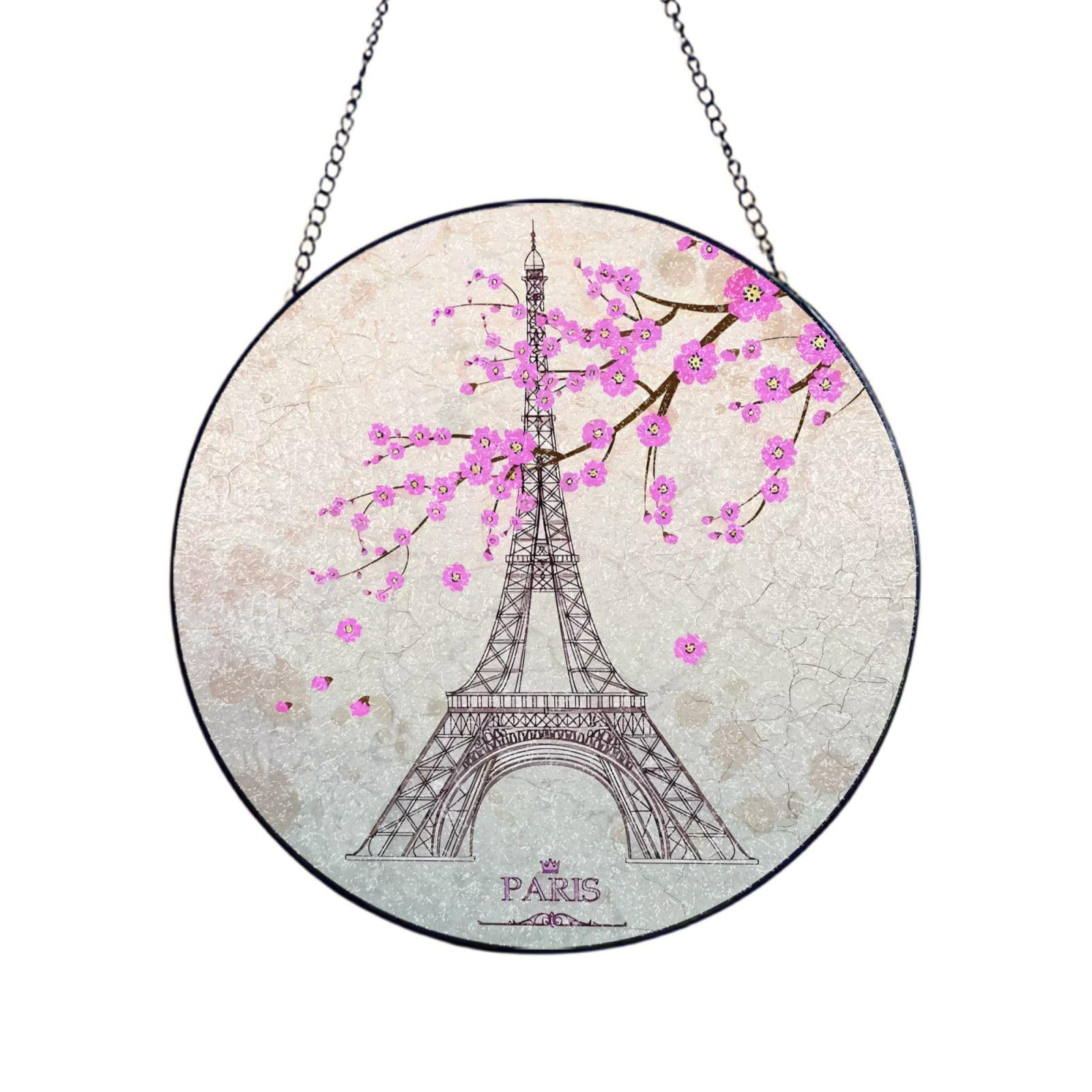 Phayah Vintage Eiffel Tower Print Glass Window Hanging Sun Catchers Suncatcher Decor For Birthday For Home Garden Porch 10in（25cm）