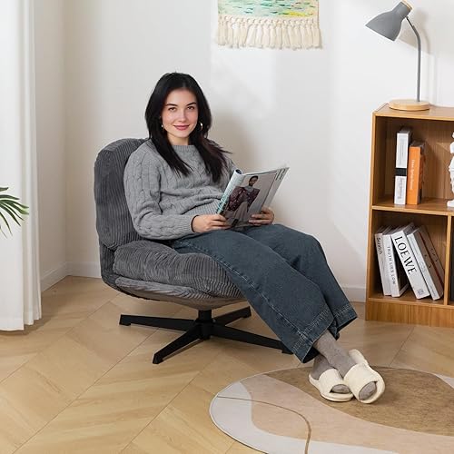 Miniatura 7 de HollyHOME Silla decorativa moderna giratoria de 360, silla de lectura cómoda tapizada, silla perezosa de tela con cojín suave, marco de metal para