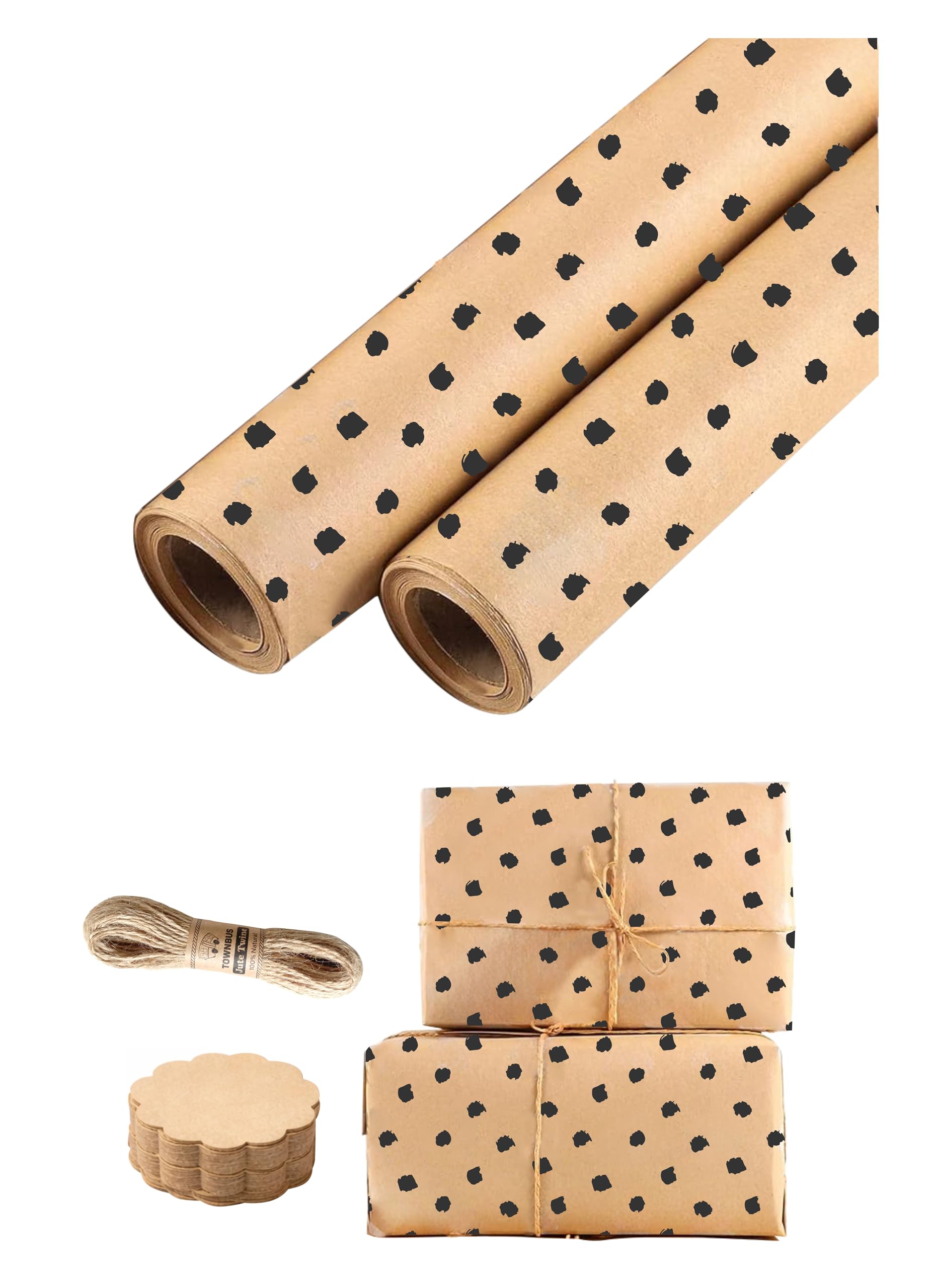 TOWNBUS Kraft Paper Gift Wrapping Pack of 10 (45cm x 60cm, 100 GSM) | Black Smudge Dots Print | Includes 10 Tags & Jute Ropes | Ideal for Gift Packing, Bouquet Wrapping & DIY Crafts