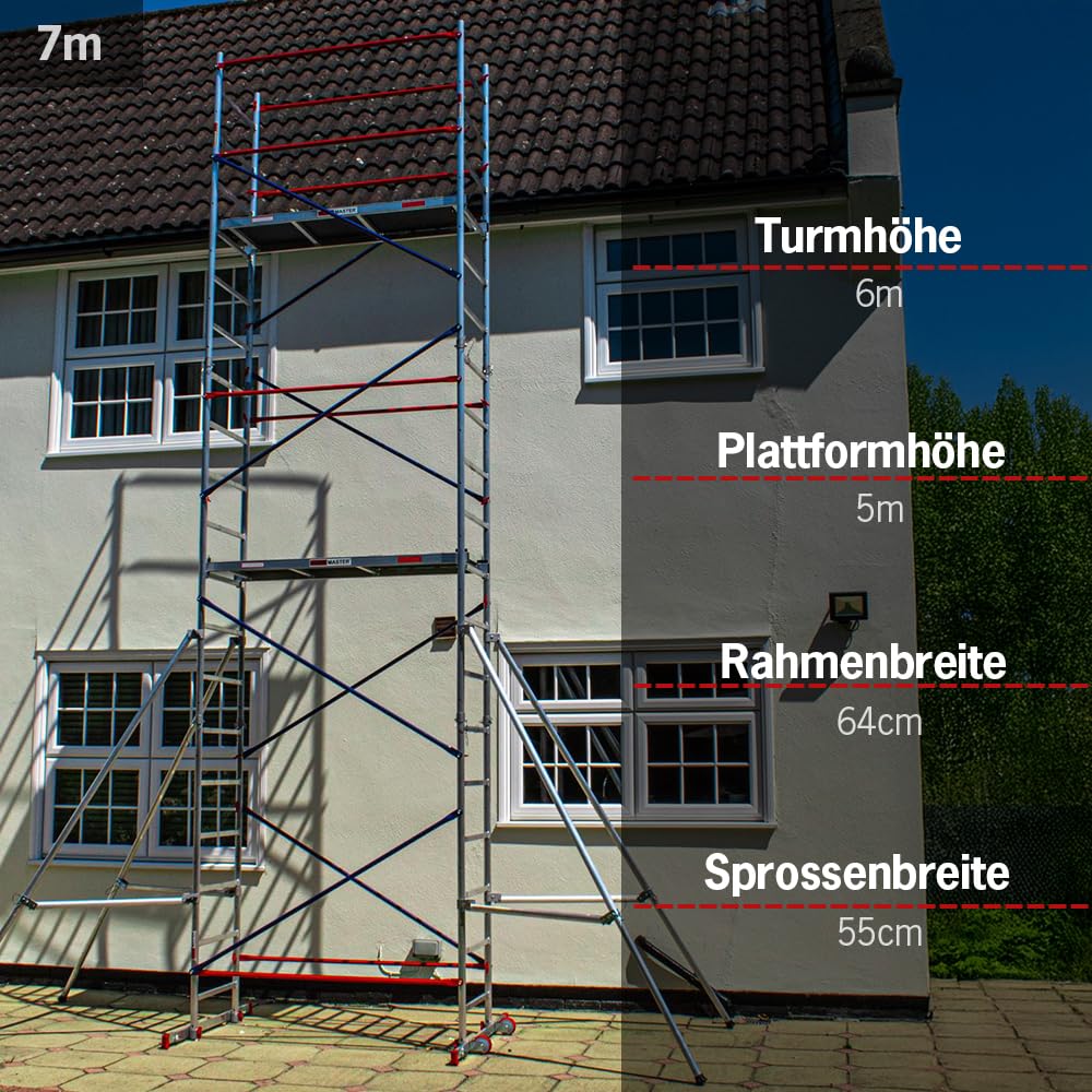HOME MASTER Heimwerken Gerüstturm | Fahrbares Arbeitsgerüst | Chnelle Montage | Aluminium (7m Home Master Heimwerken Gerüstturm)