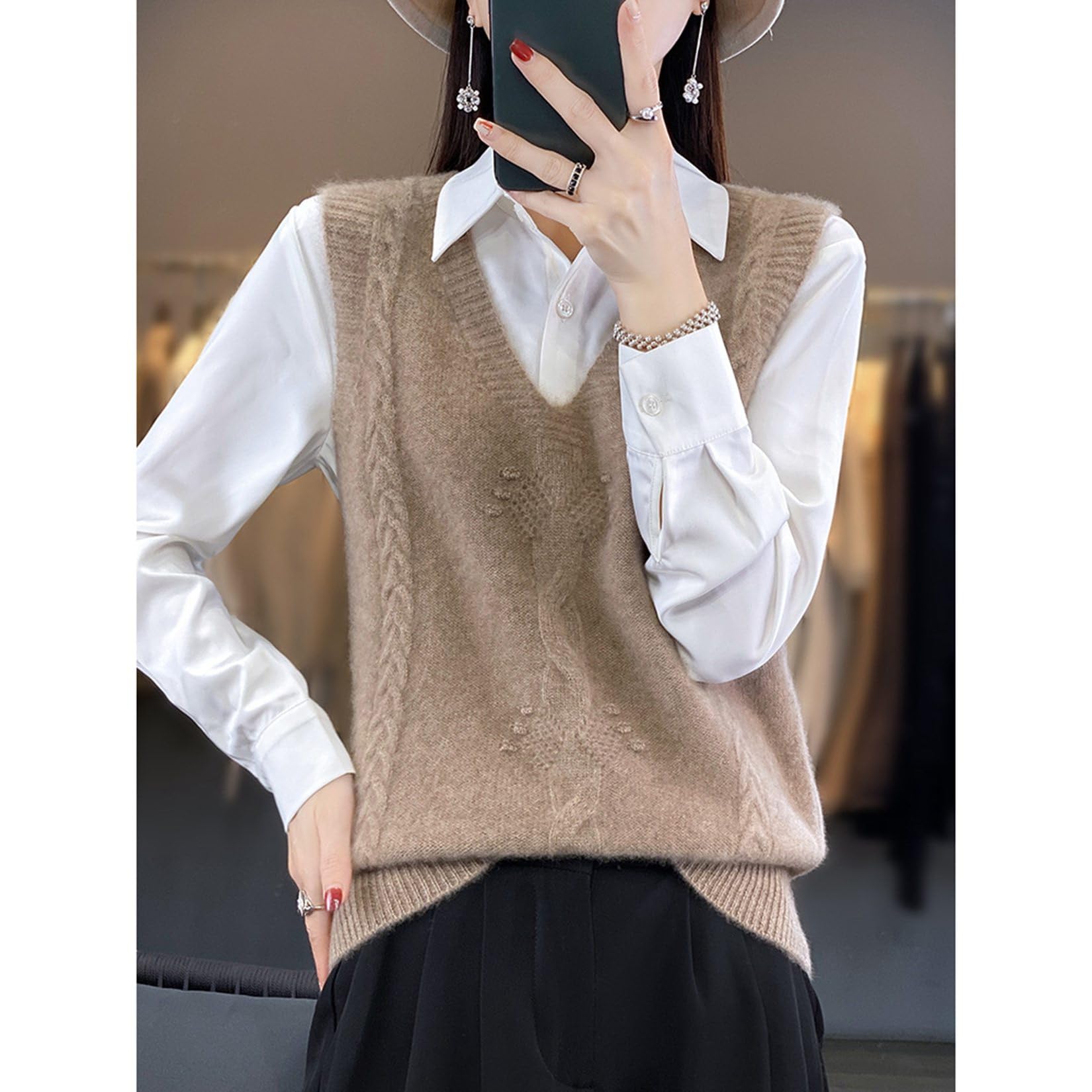 YonYeHong Verser De Pull pour Femmes V-Collier en Tricot Tricoté Jacquard Pulloir Pull sans Manches Lâches