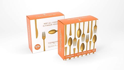 Vista 11 de Tiger Chef - Cubertería de plástico de color resistente, incluye tenedores, cucharas para el té y cuchillos, Transparente Claro