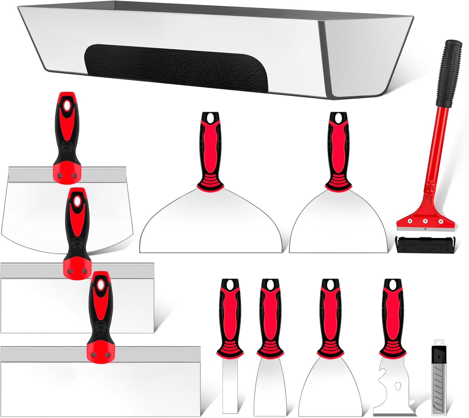 12PCS Drywall Tools Set - Stainless Steel Putty Kit with 1"-8" Knives, 8"-10" Taping Knife, 6.5" Bucket Scoop, 8-in-1 Painter Scraper, 12" Mud Pan, 13" Floor Scraper Blade with 4" Replacement Blades