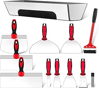 12PCS Drywall Tools Set - Stainless Steel Putty Kit with 1"-8" Knives, 8"-10" Taping Knife, 6.5" Bucket Scoop, 8-in-1 Painter Scraper, 12" Mud Pan, 13" Floor Scraper Blade with 4" Replacement Blades