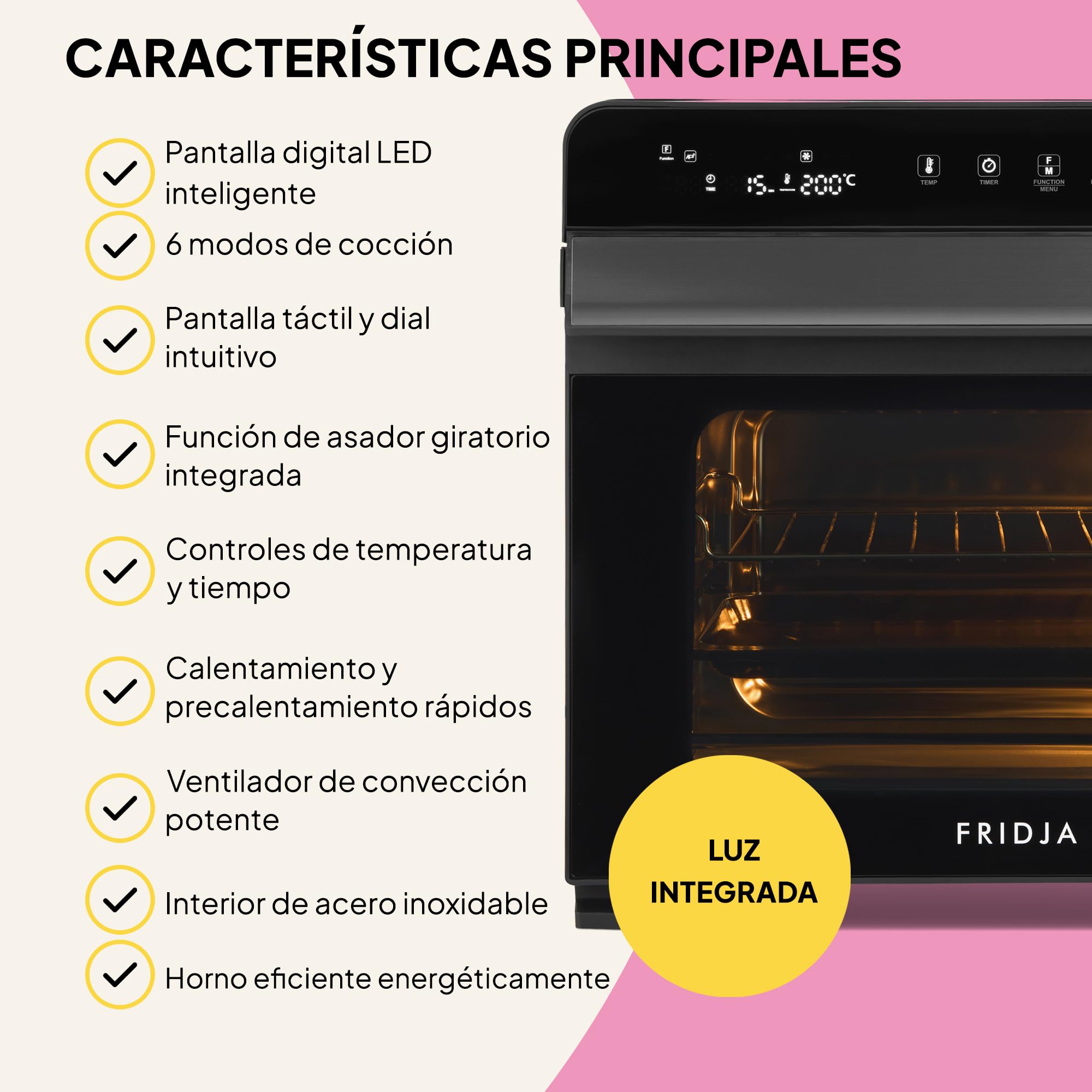 Fridja F77 Horno Súper Pro de 30L – Horno Freidora de Aire Digital LED Premium – 18 Programas Inteligentes, Función de Asador Giratorio (Rotisserie), Fácil de Limpiar, Rápido, Potente y Versátil, Inte