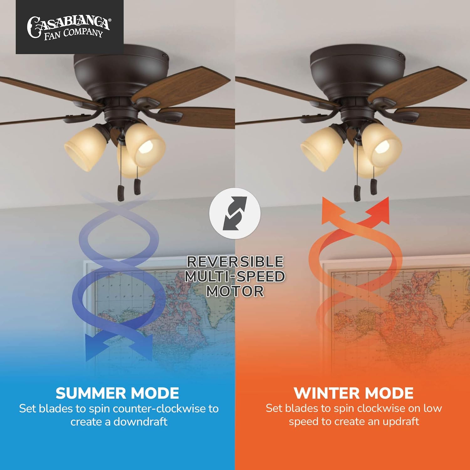 Casablanca 44 inch Indoor Ceiling Fan with Lights - Bronze Ceiling Fan with Pull Chain, For Bedroom, Living Room, or Kitchen, Low Profile Mount, No Remote, 5 Blades - Durant 53188, Maiden Bronze